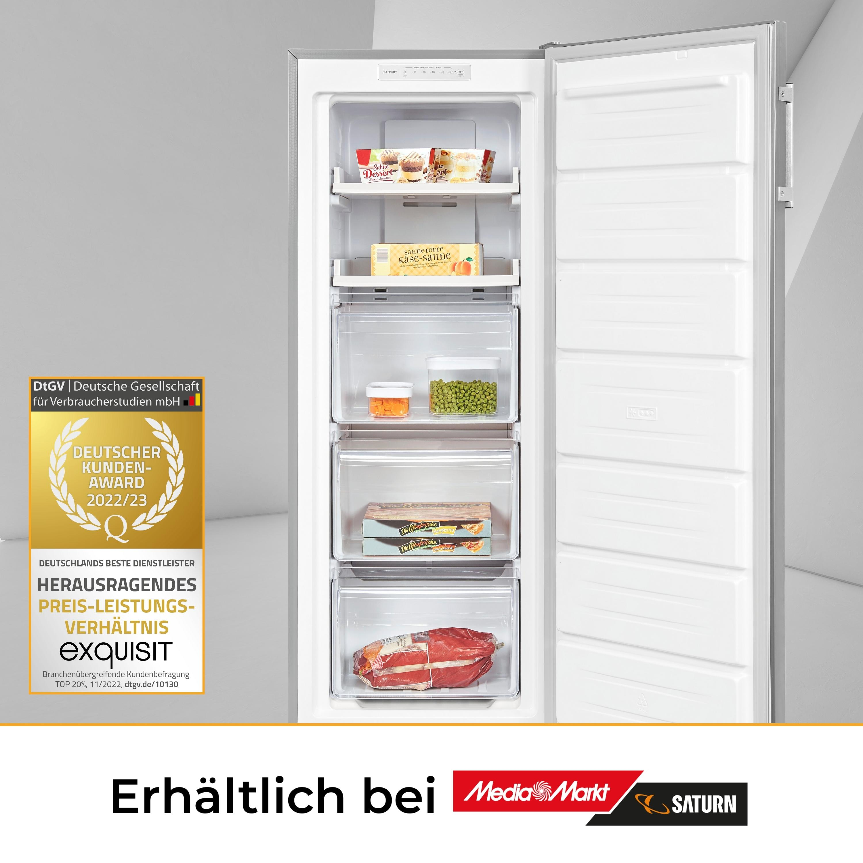 Offener Gefrierschrank mit Schubladen, gefüllt mit Lebensmitteln. Award-Aufkleber vorhanden.