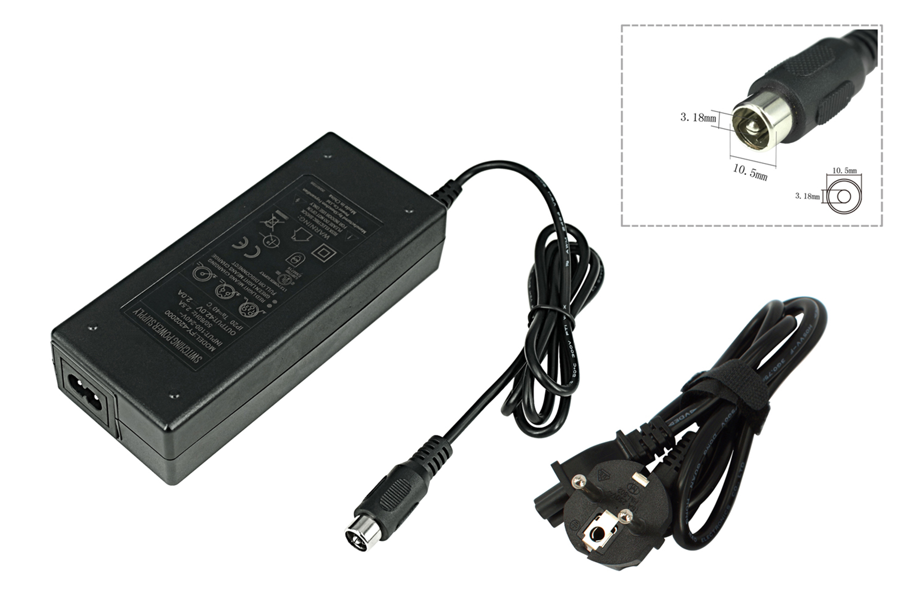 Ein schwarzer Netzadapter mit Kabel und Stecker sowie eine eingesetzte Abbildung des Steckers.