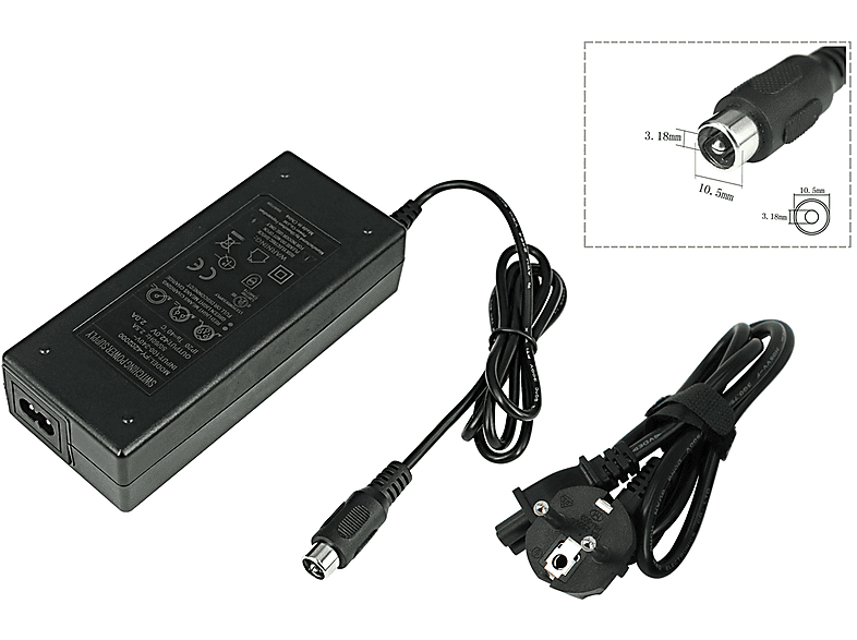 POWERSMART 42V 2A RCA 10,5mm Li-Ion Akku Passend für Elektrofahrräder, Roller E-Bike Ladegerät Universal, 36 Volt, Schwarz