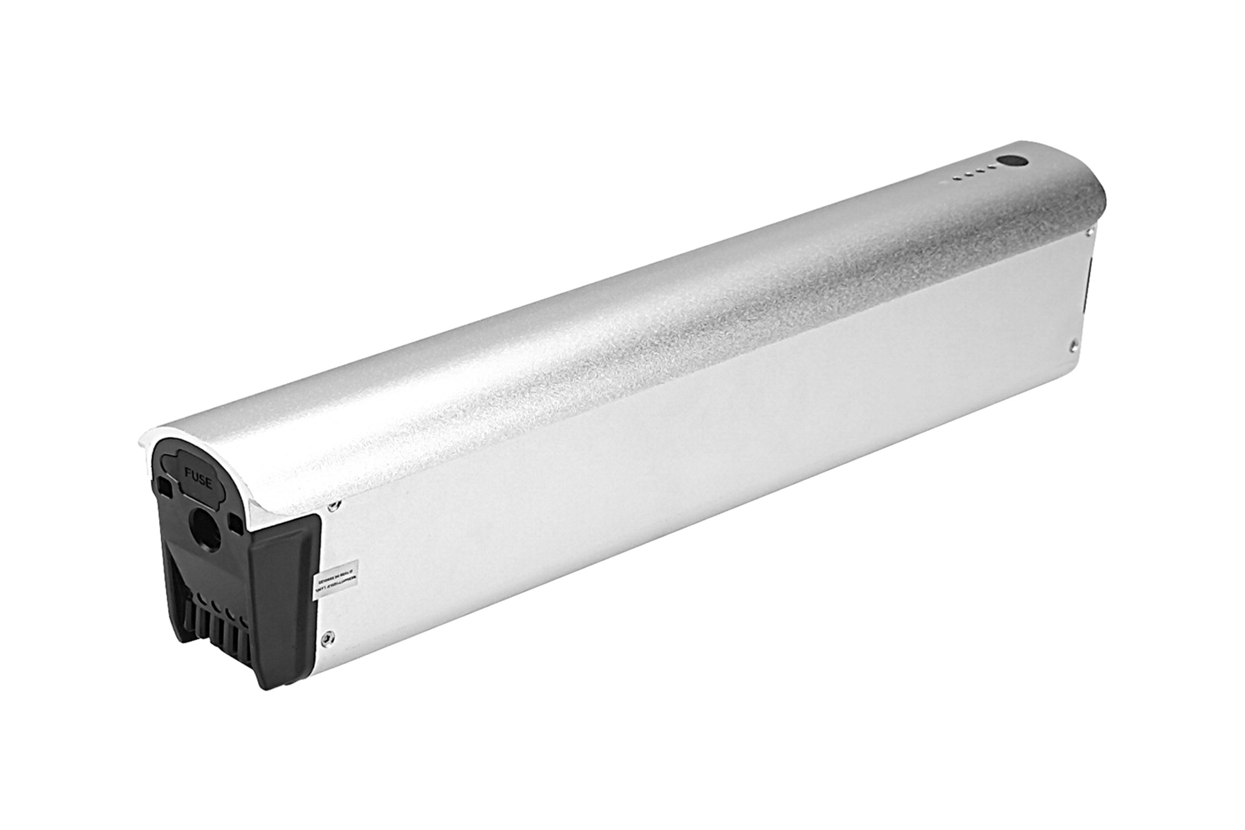 Silberne Batterie für ein E-Bike, auf weißem Hintergrund.