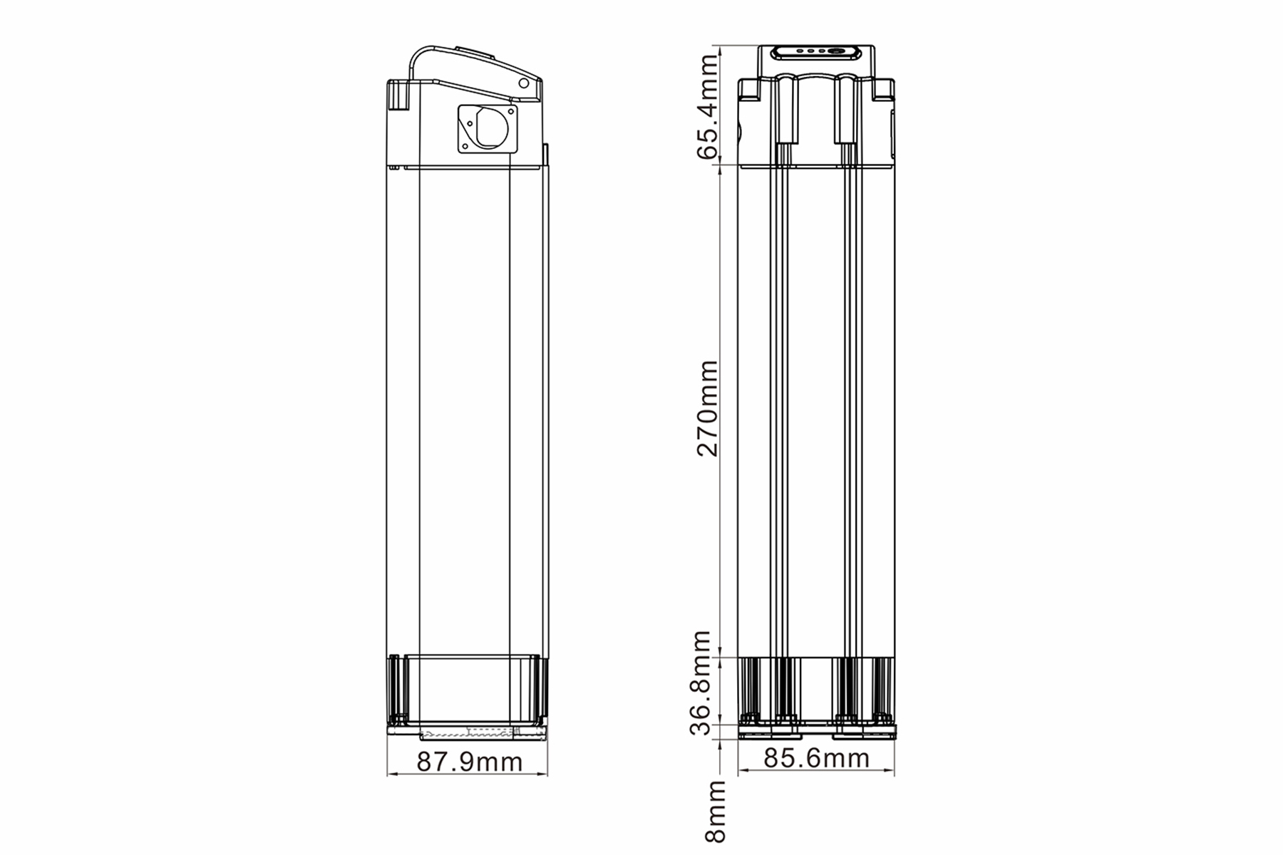 Zwei schwarze Batterieumrisse mit Maßen in Millimetern. Der Hintergrund ist weiß.
