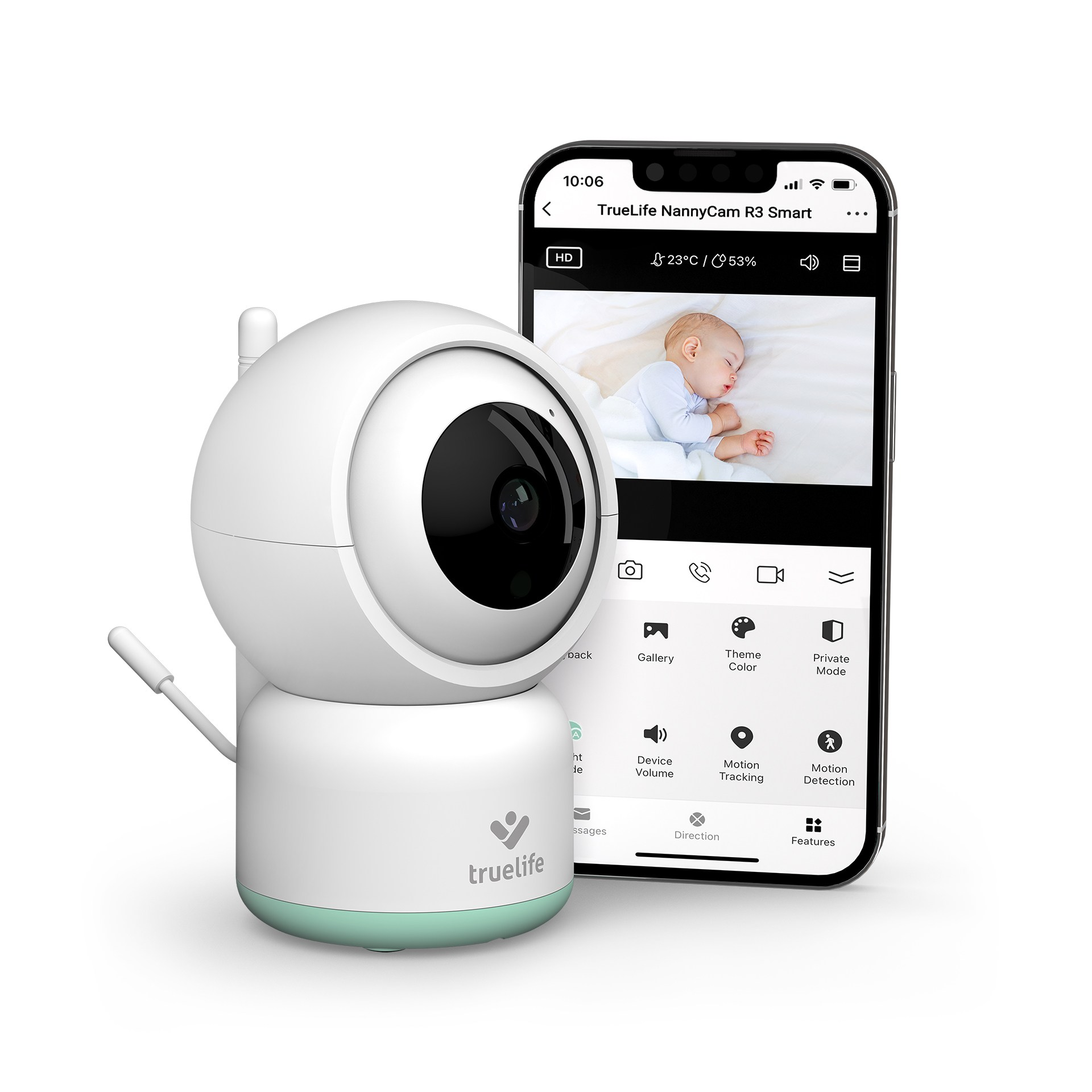 Babyphone mit einem Telefon, das ein schlafendes Baby zeigt. Der Monitor ist weiß mit grünem Sockel.