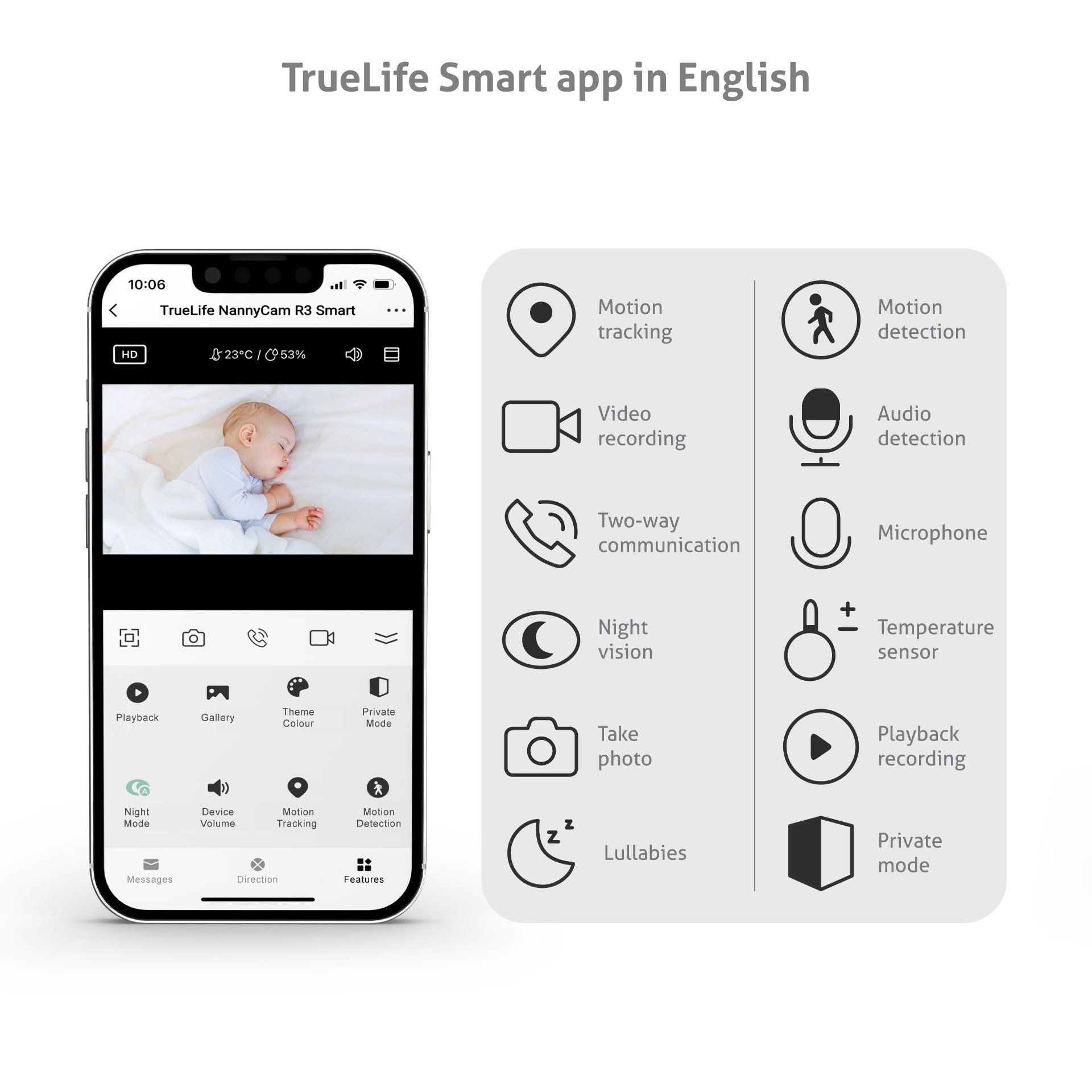Smartphone-Bildschirm zeigt TrueLife Smart App mit Babyüberwachungsfunktionen.