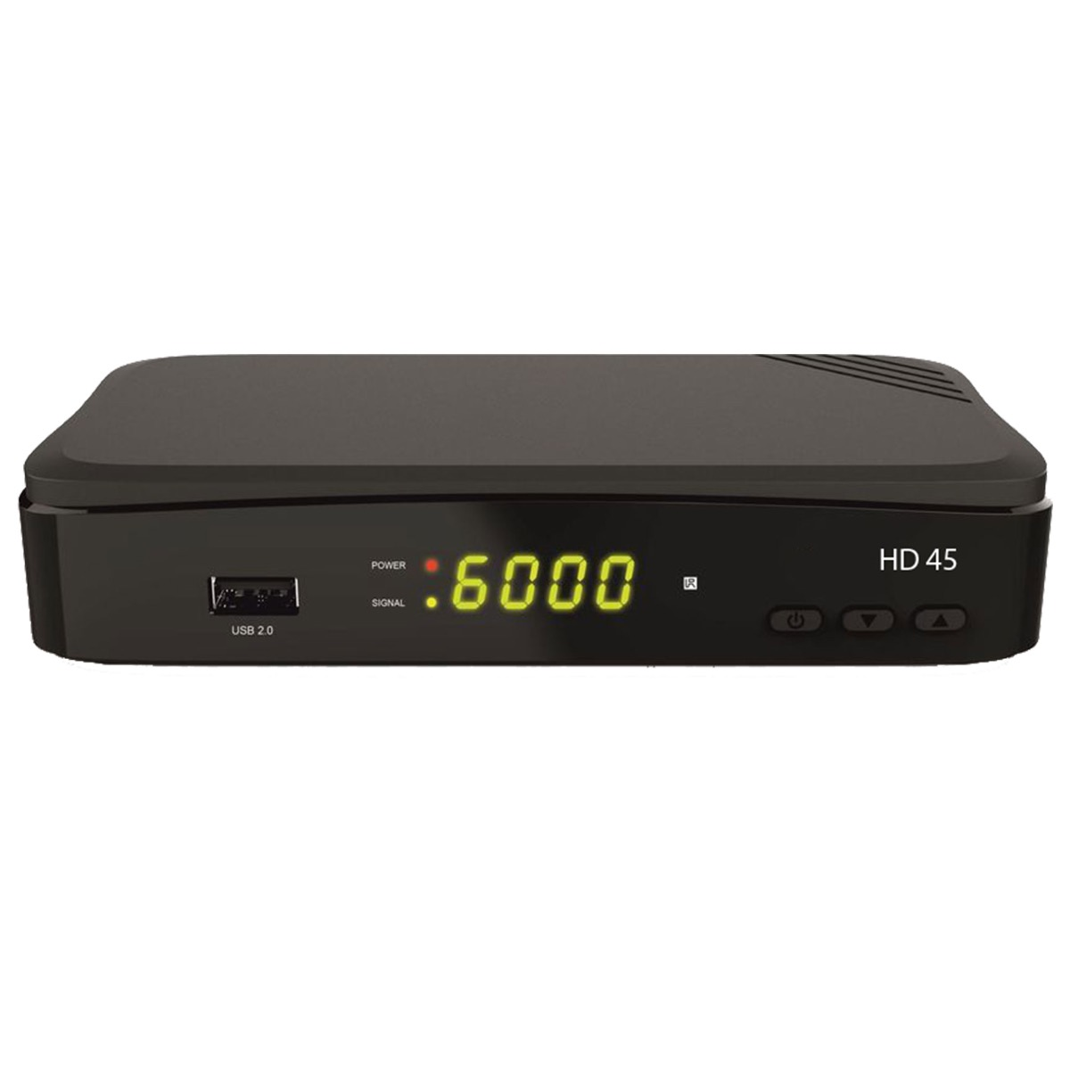Schwarze Set-Top-Box mit Display, das 6000 anzeigt, und USB-Anschluss. Weißer Hintergrund.