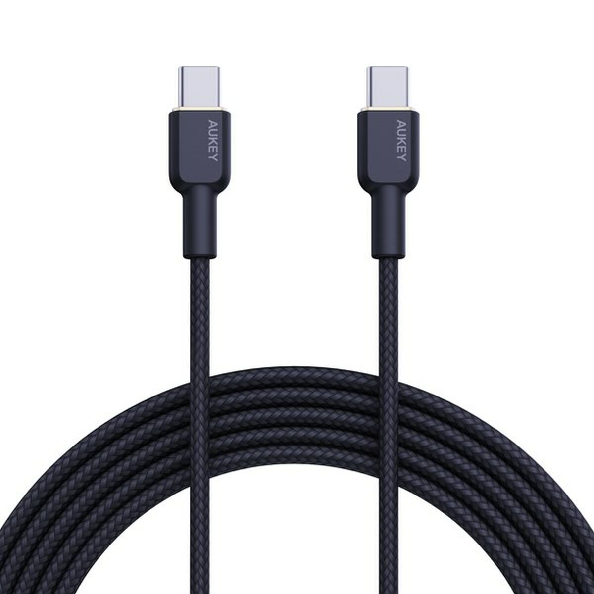 Dwa czarne kable USB-C ze srebrnymi złączami, połączone, leżące na czarnej, plecionej powierzchni.