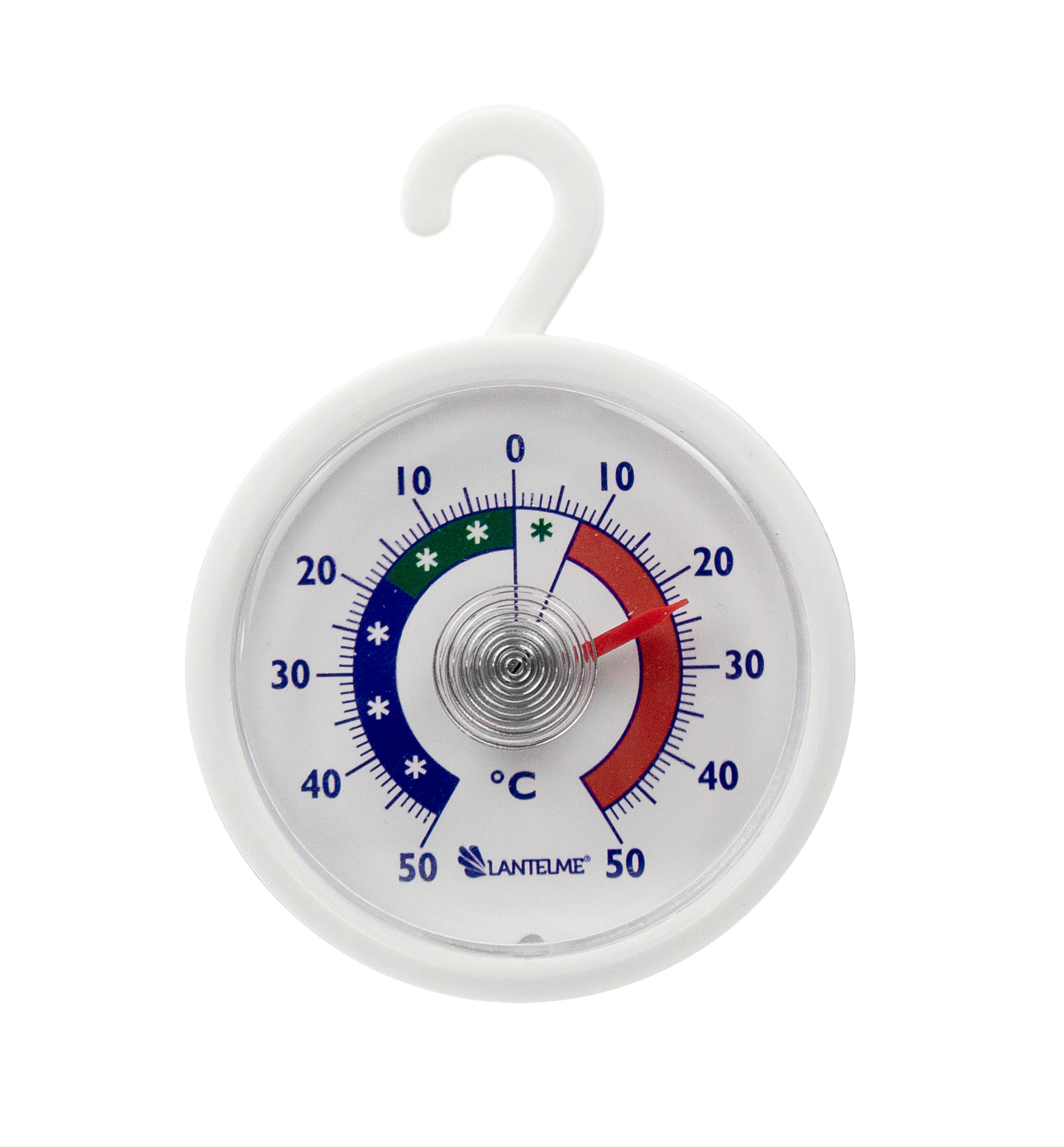 Weißes rundes Thermometer mit Haken. Das Thermometer zeigt die Temperatur an.