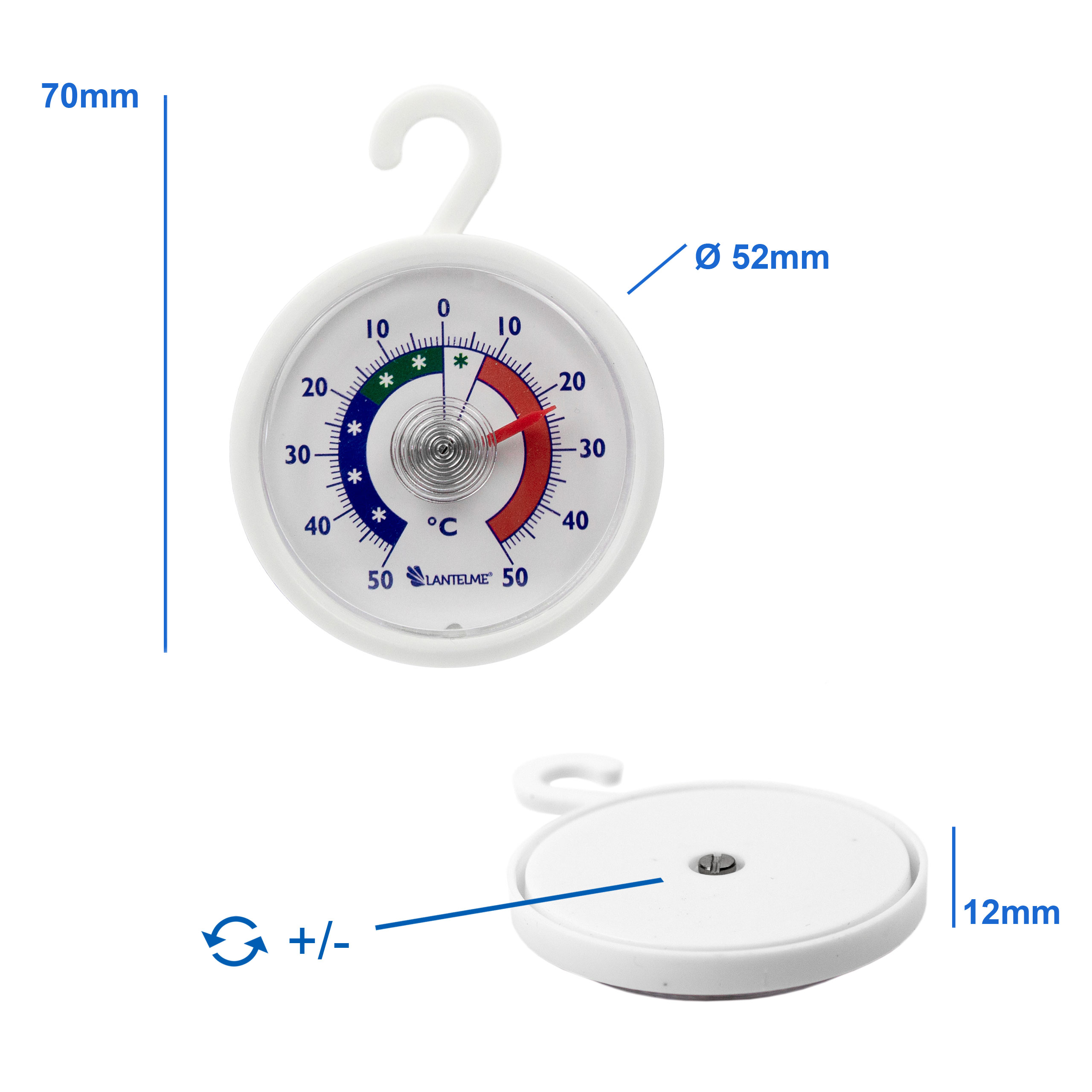Ein weißes Thermometer mit Haken. Es zeigt die Temperatur in Celsius an und hat eine Skala von -50 bis 50 Grad.