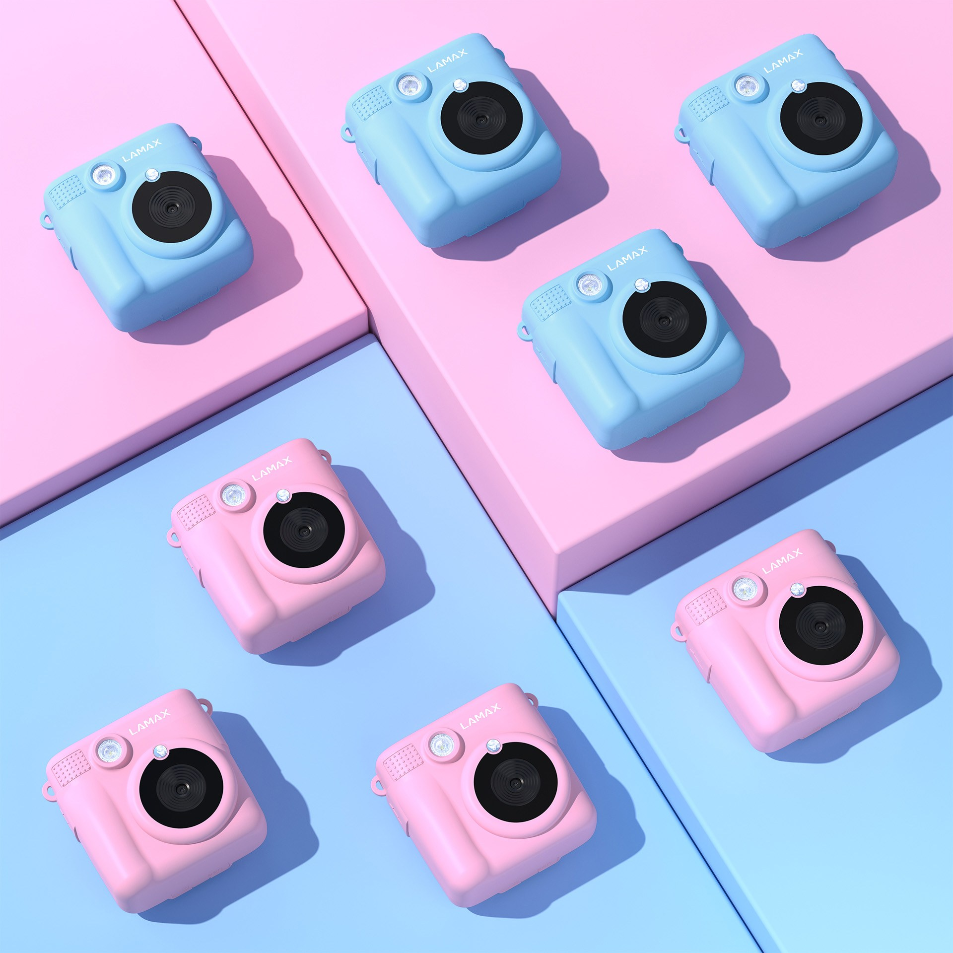 Sieben Sofortbildkameras, blau und rosa, auf kontrastierendem blau-rosa Hintergrund angeordnet.