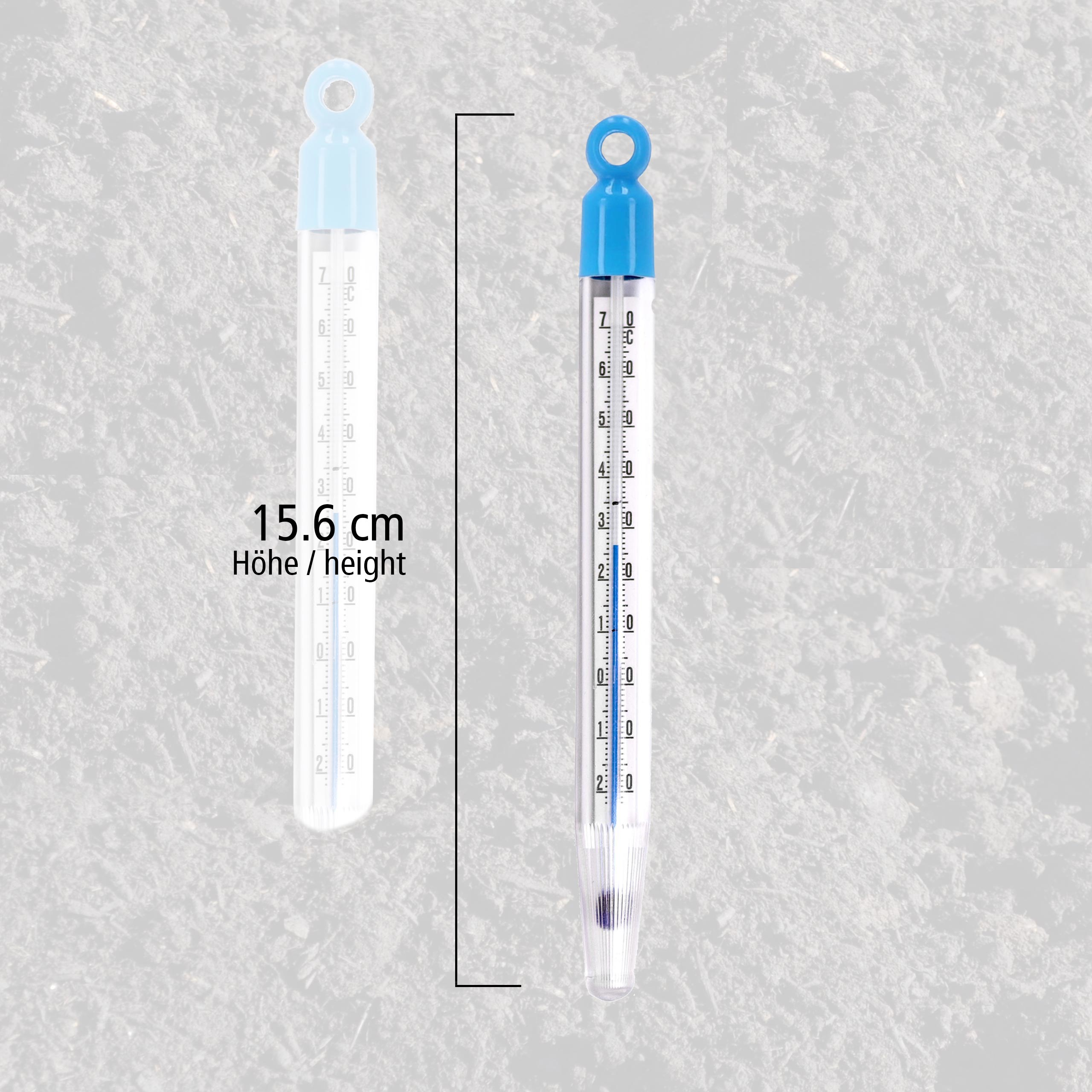 Zwei Thermometer auf Erde, 15,6 cm, blauer Deckel.