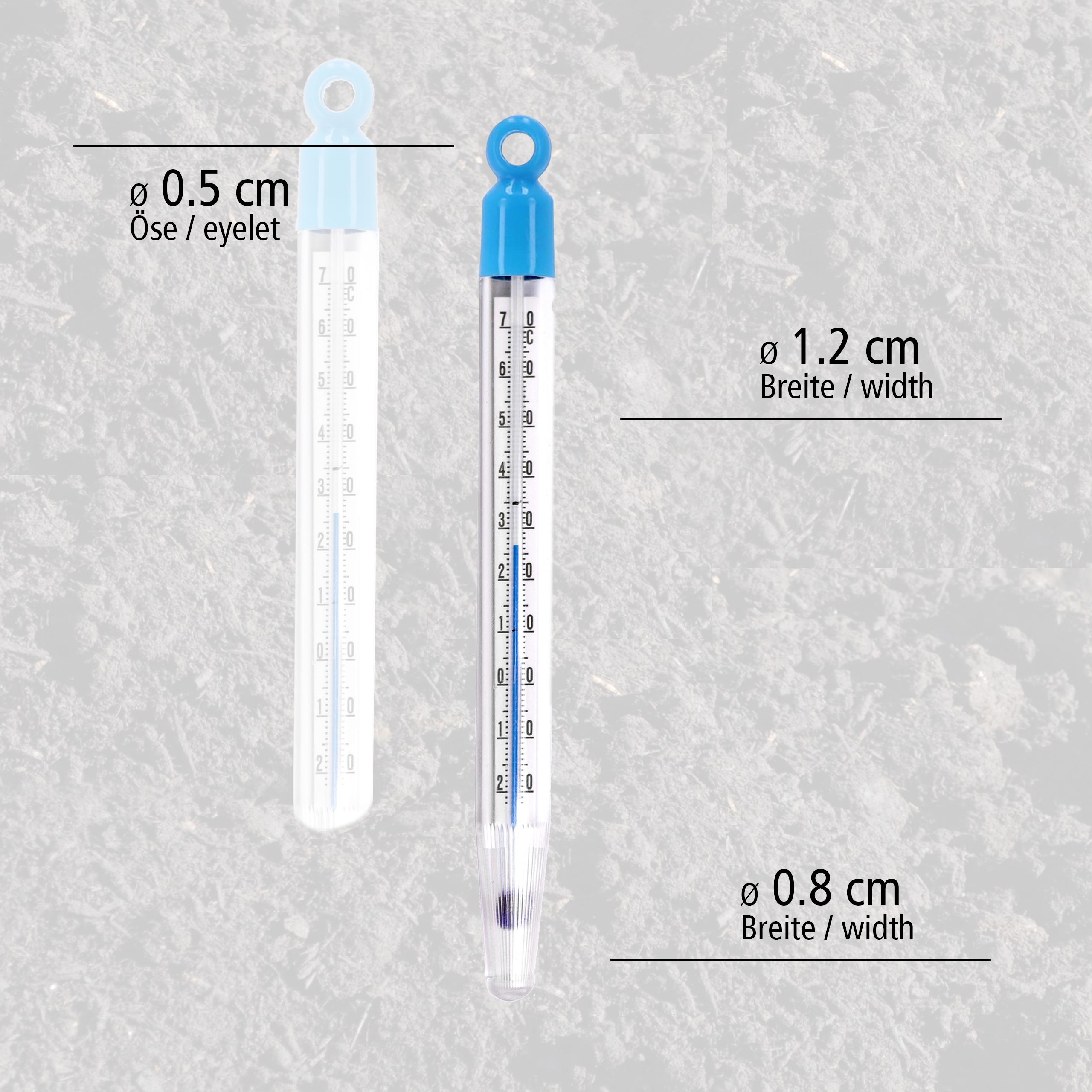 Zwei Thermometer, eines klar, eines blau, mit Messmarkierungen und Beschriftungen.