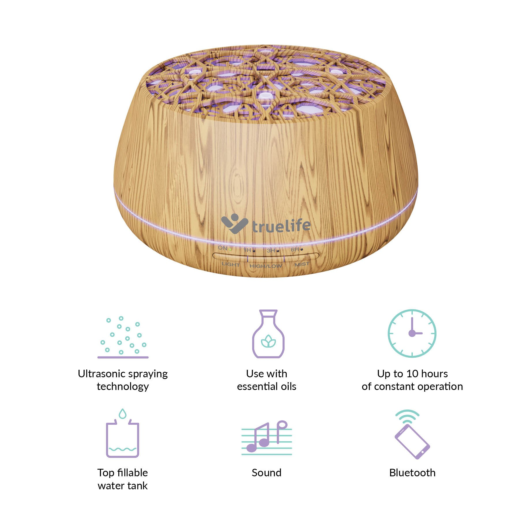 Brązowy i beżowy dyfuzor zapachów, z ikonami.