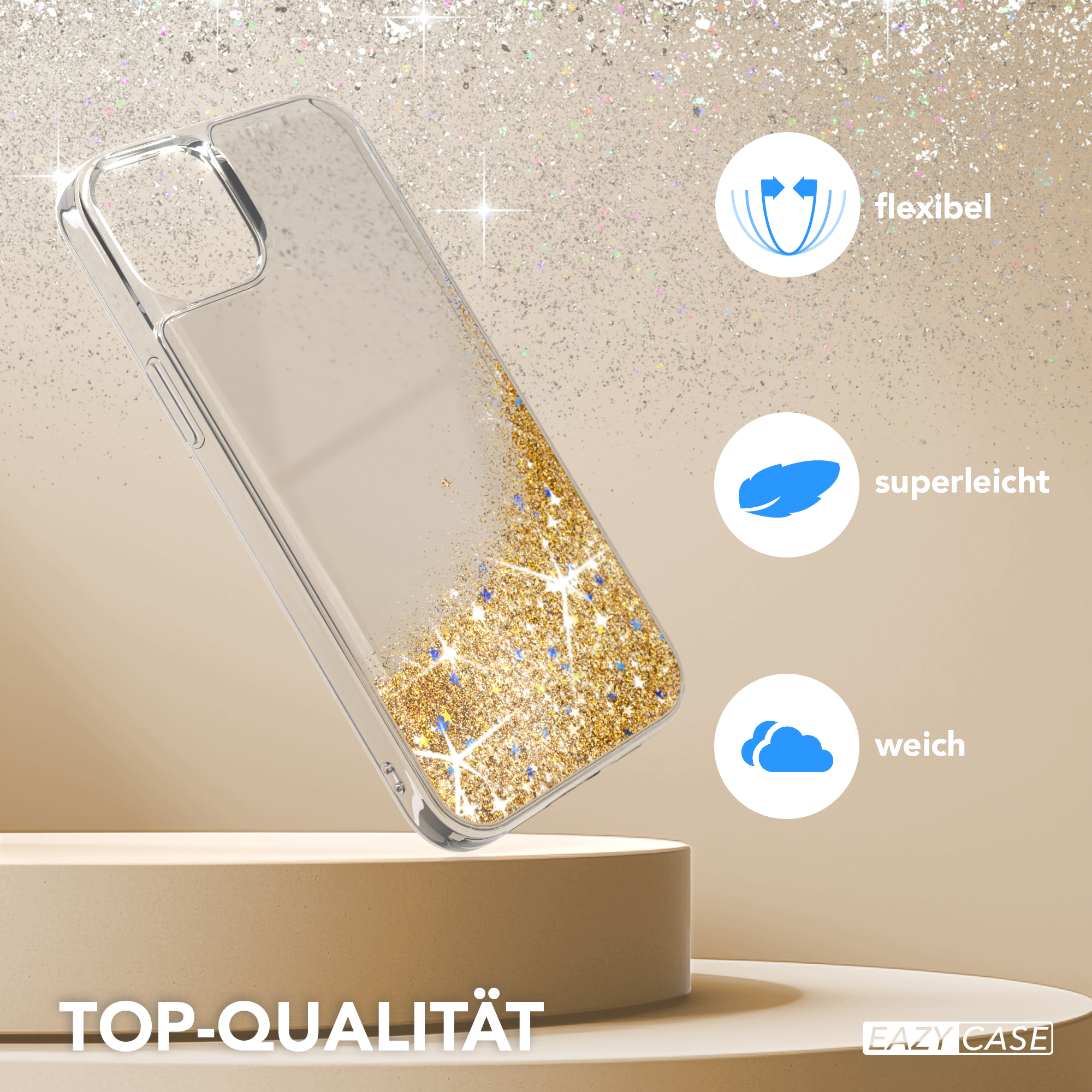 Transparente Handyhülle mit Goldglitter und drei Symbolen.