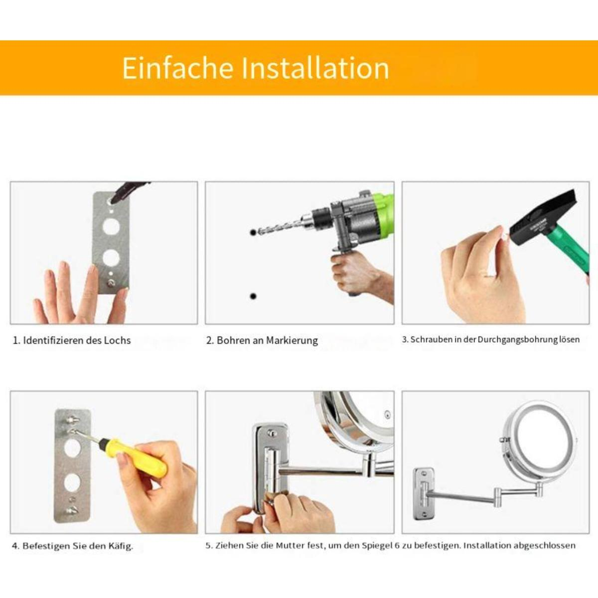 Diagramm, das die Schritte zur Montage eines Spiegels an einer Wand mit Bohrer und Schrauben zeigt.