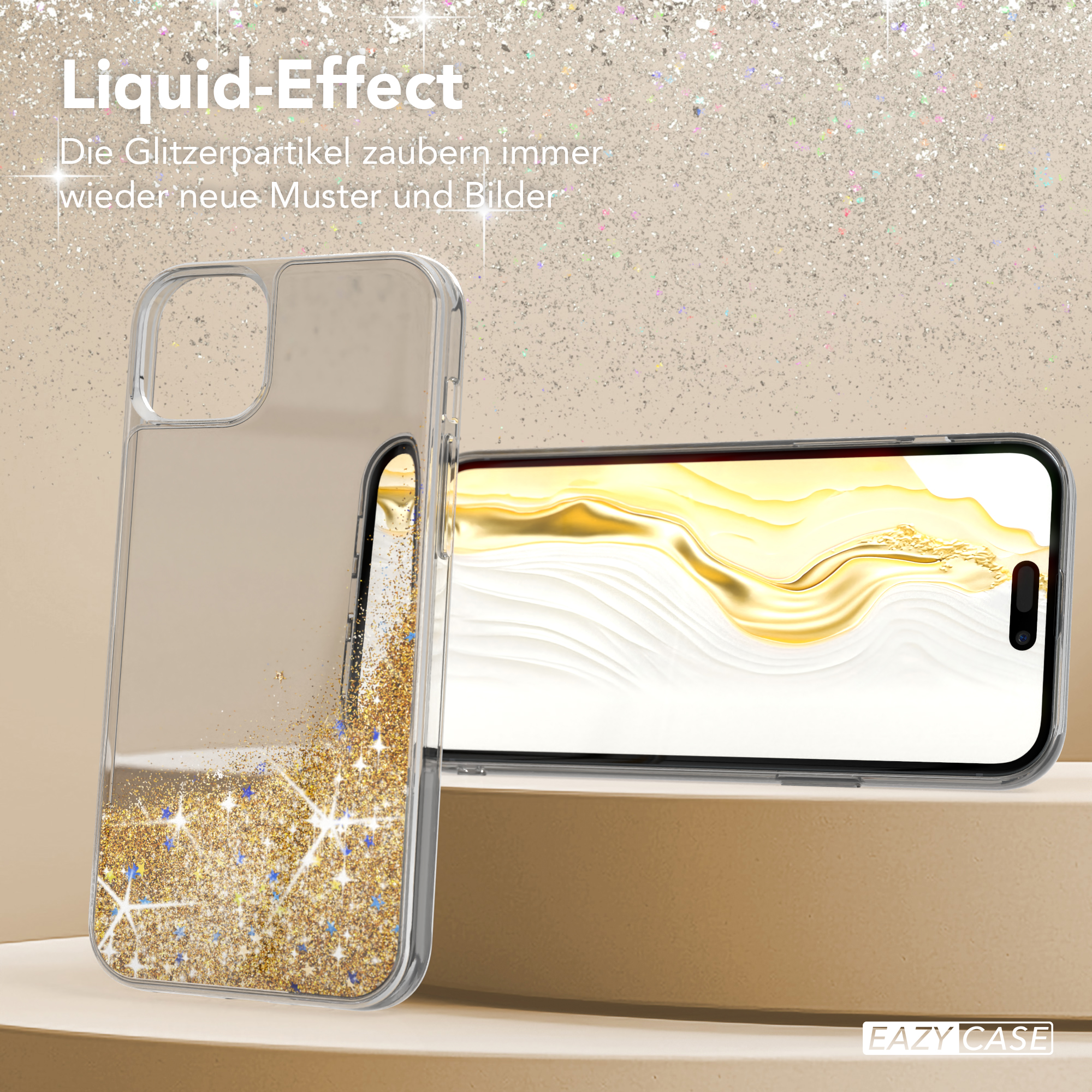 Transparente Handyhülle mit Goldglitzer, Flüssigkeitseffekt, auf cremefarbenem Hintergrund.