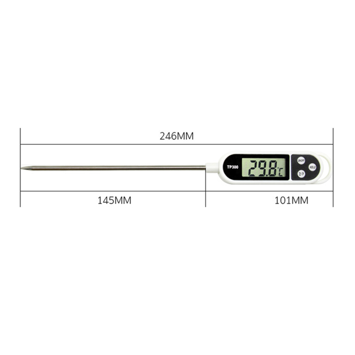 Ein digitales Fleischthermometer, das die Temperatur anzeigt, mit Messungen und Abmessungen.