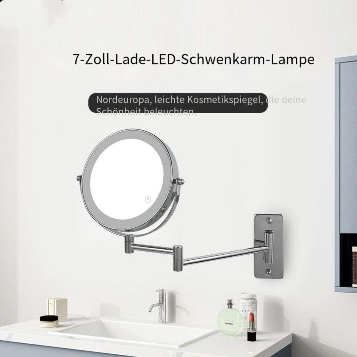 Silberner LED-Leuchtspiegel an der Wand. Text über Schönheit und Licht.