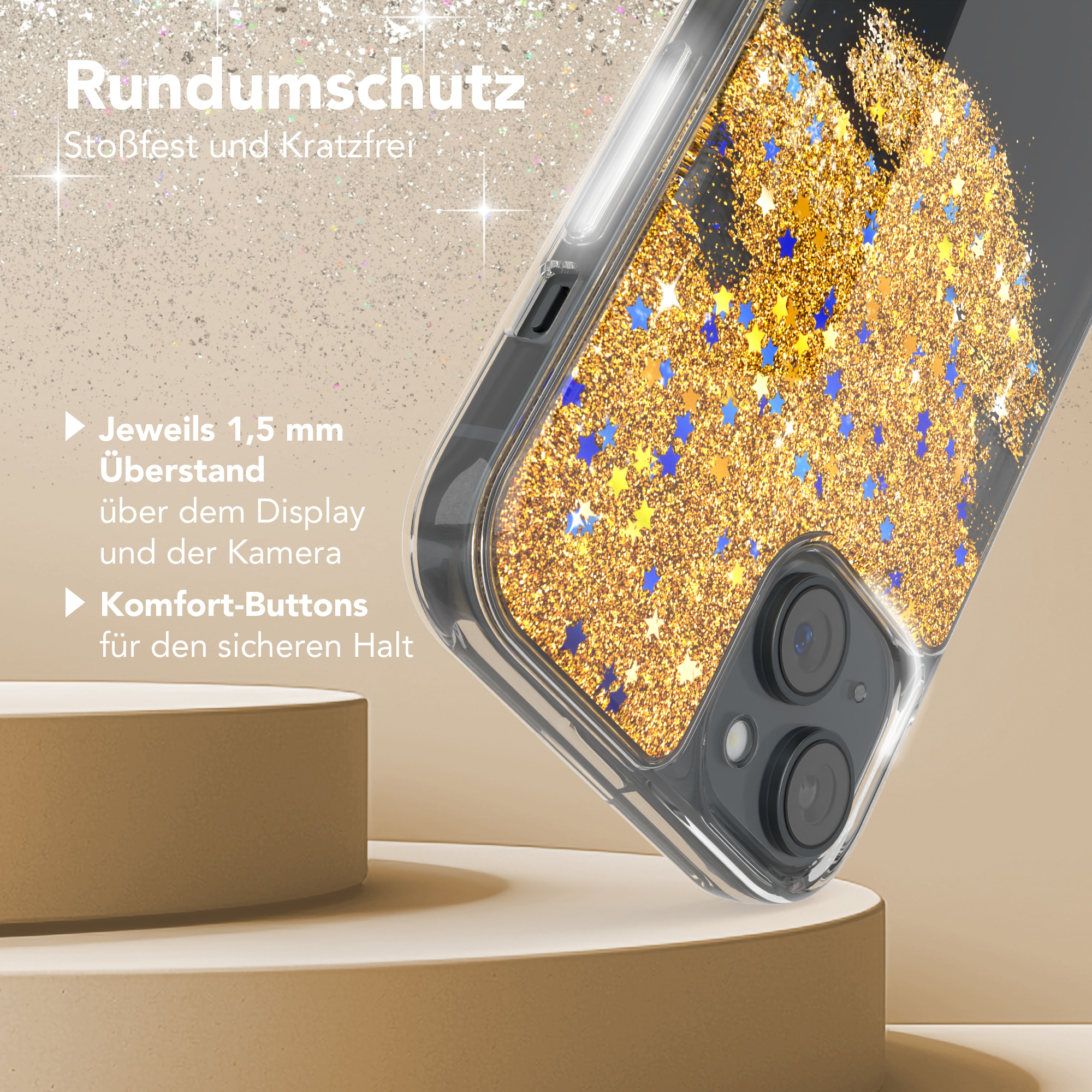 Nahaufnahme Handyhülle mit Goldglitter und blauen Sternen. Text über Schutz.