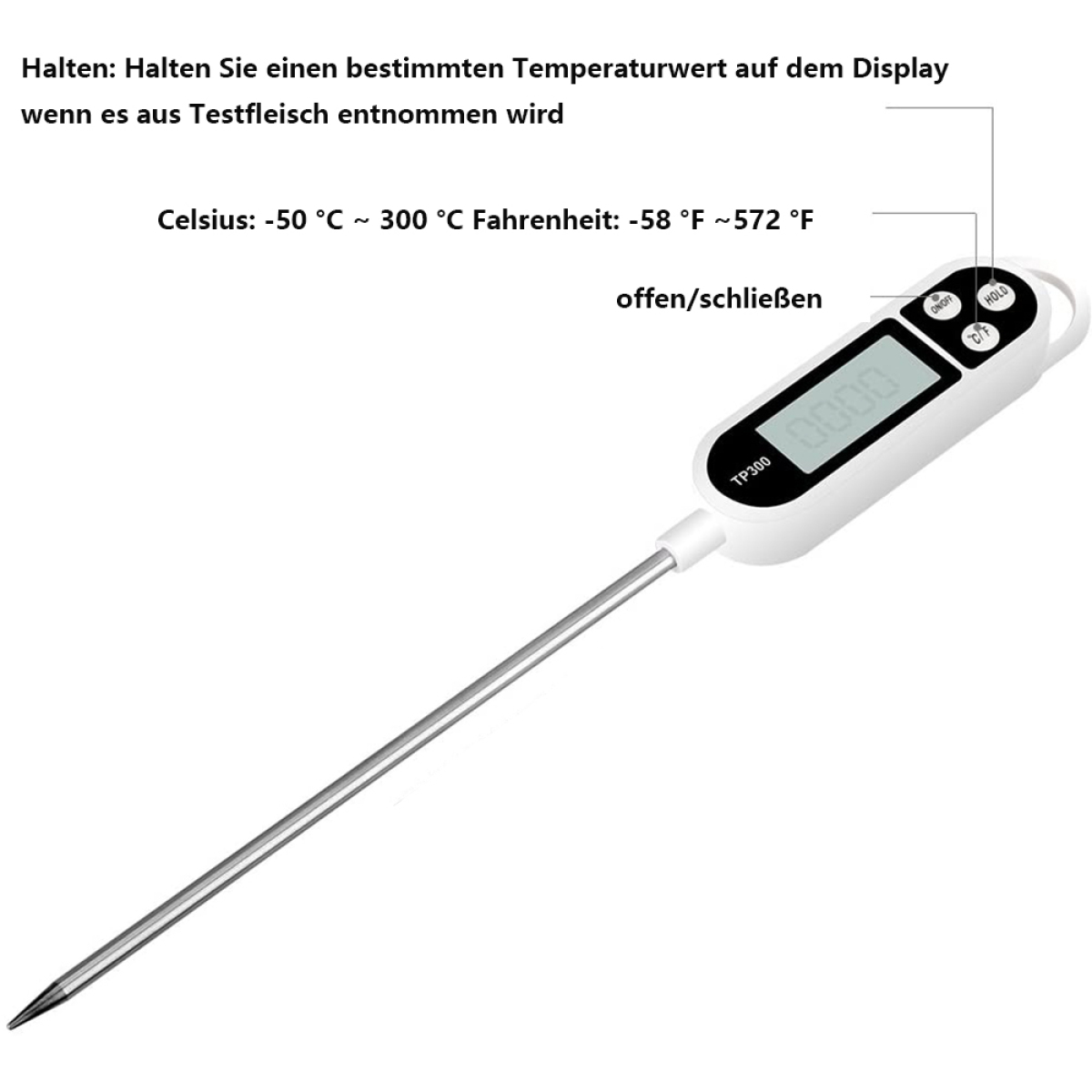 Digitales Fleischthermometer mit langer Sonde und Anzeige.
