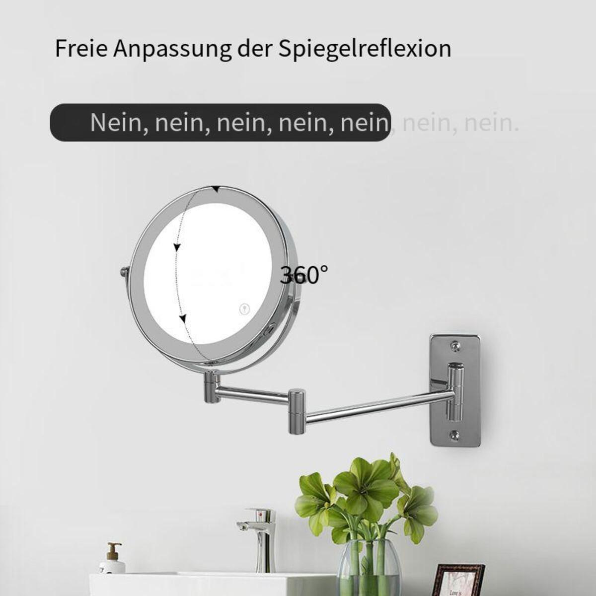Wandmontierter, silberner, kreisförmiger Spiegel mit ausziehbarem Arm und Text 'Nein, nein...'