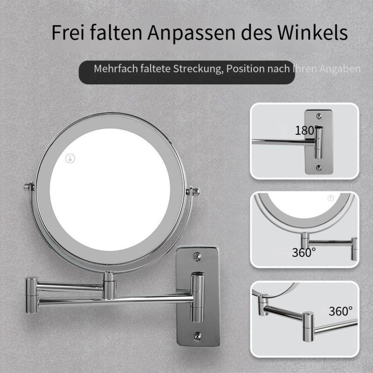 Ein runder, beleuchteter Schminkspiegel mit verstellbaren Armen. Drei Diagramme veranschaulichen die Winkel.