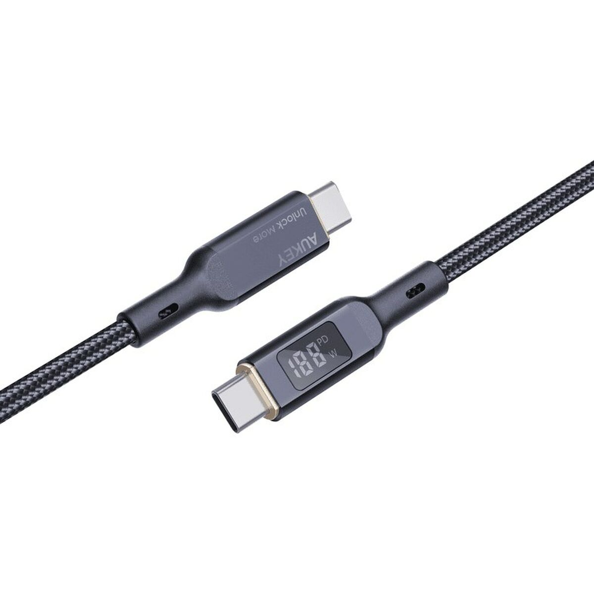 Dijital ekranlı siyah ve gri bir USB-C kablosu, 18.8 PD'yi gösteriyor.