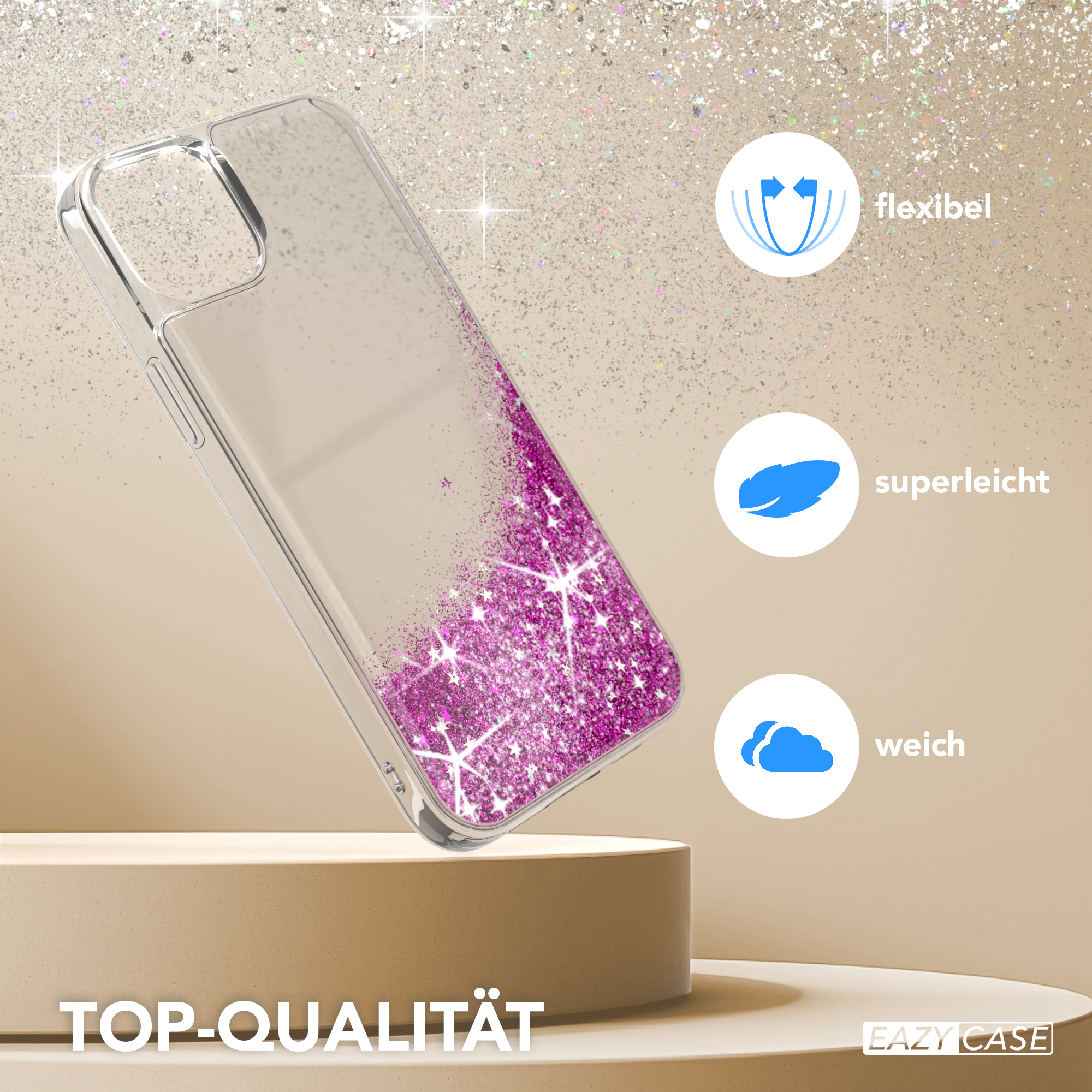 Transparente Handyhülle mit Glitzer, rosa Glitzer unten. Text: Top-Qualität. Auf einer beigen Plattform.