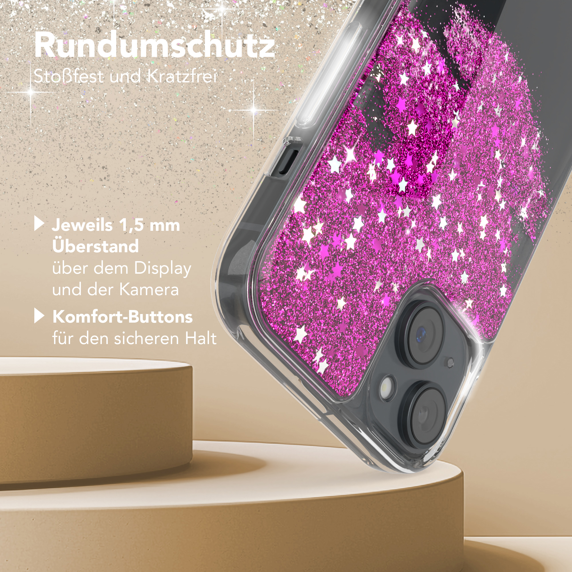 Handyhülle mit pinkem Glitzerdesign. Das Telefon ist in der Hülle. Der Text ist auf Deutsch.