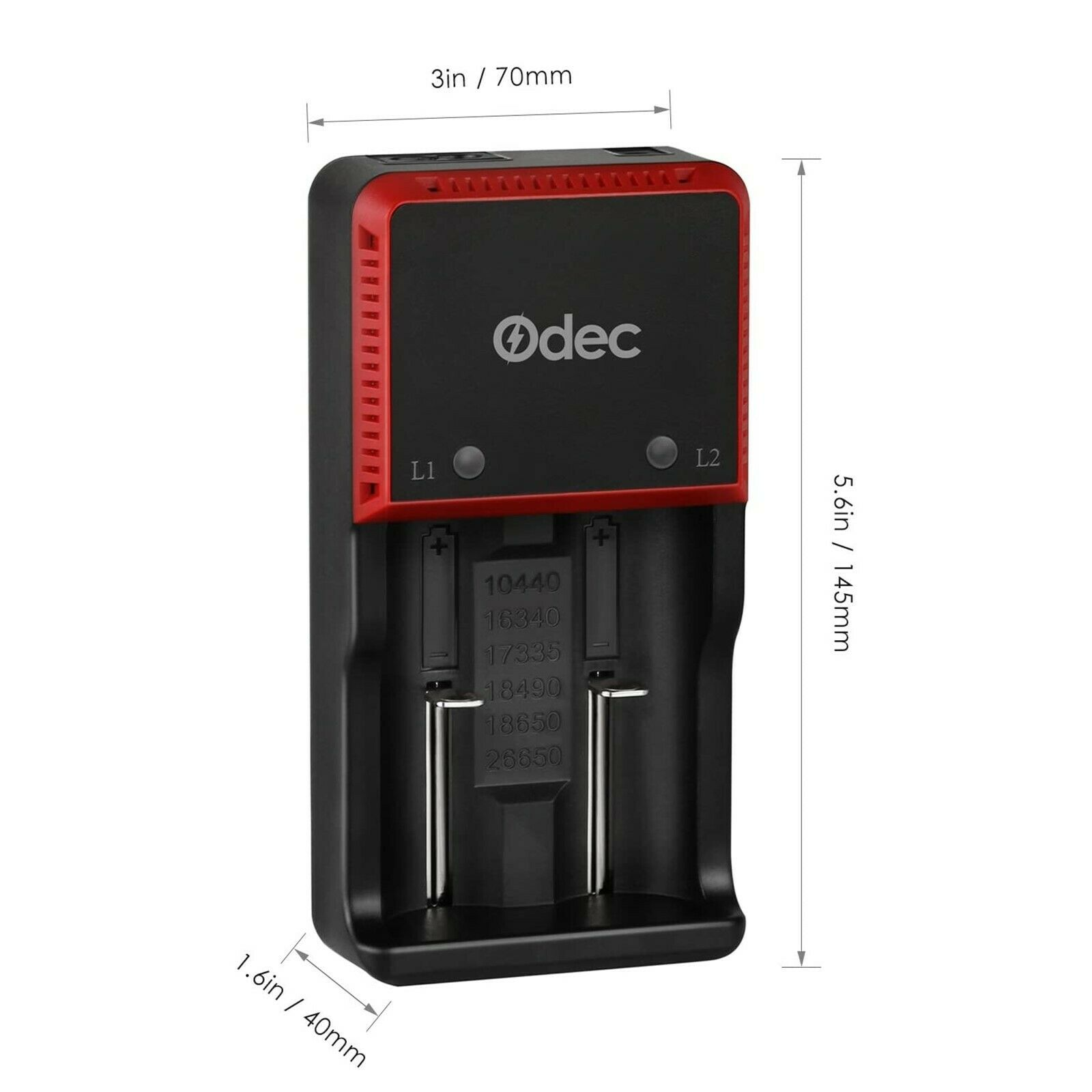 Ein schwarz-rotes Batterieladegerät mit Messungen und einem 'Odec'-Logo.