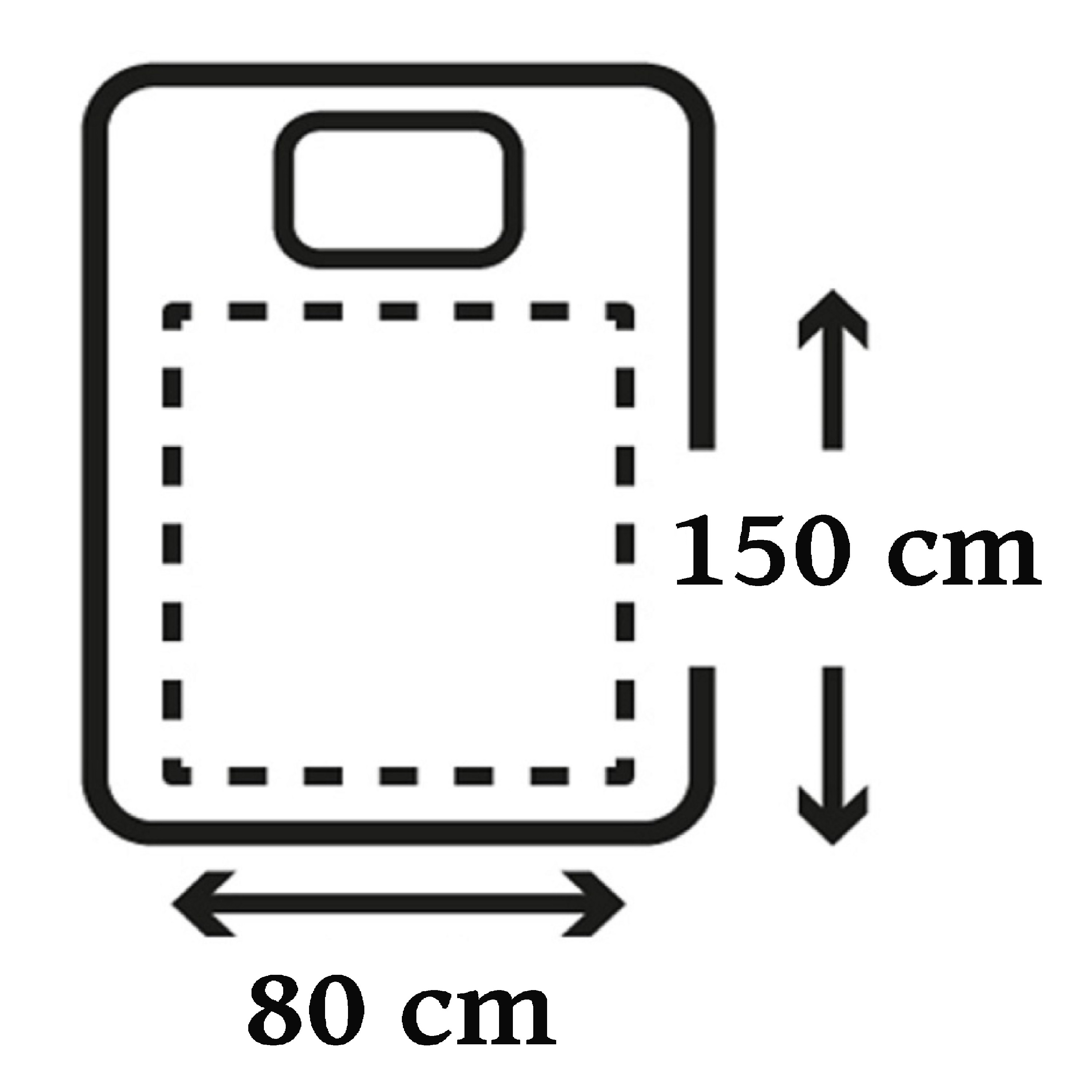 Eine Ikone zeigt ein Bett mit den Maßen 80 cm x 150 cm, was die Größe angibt.