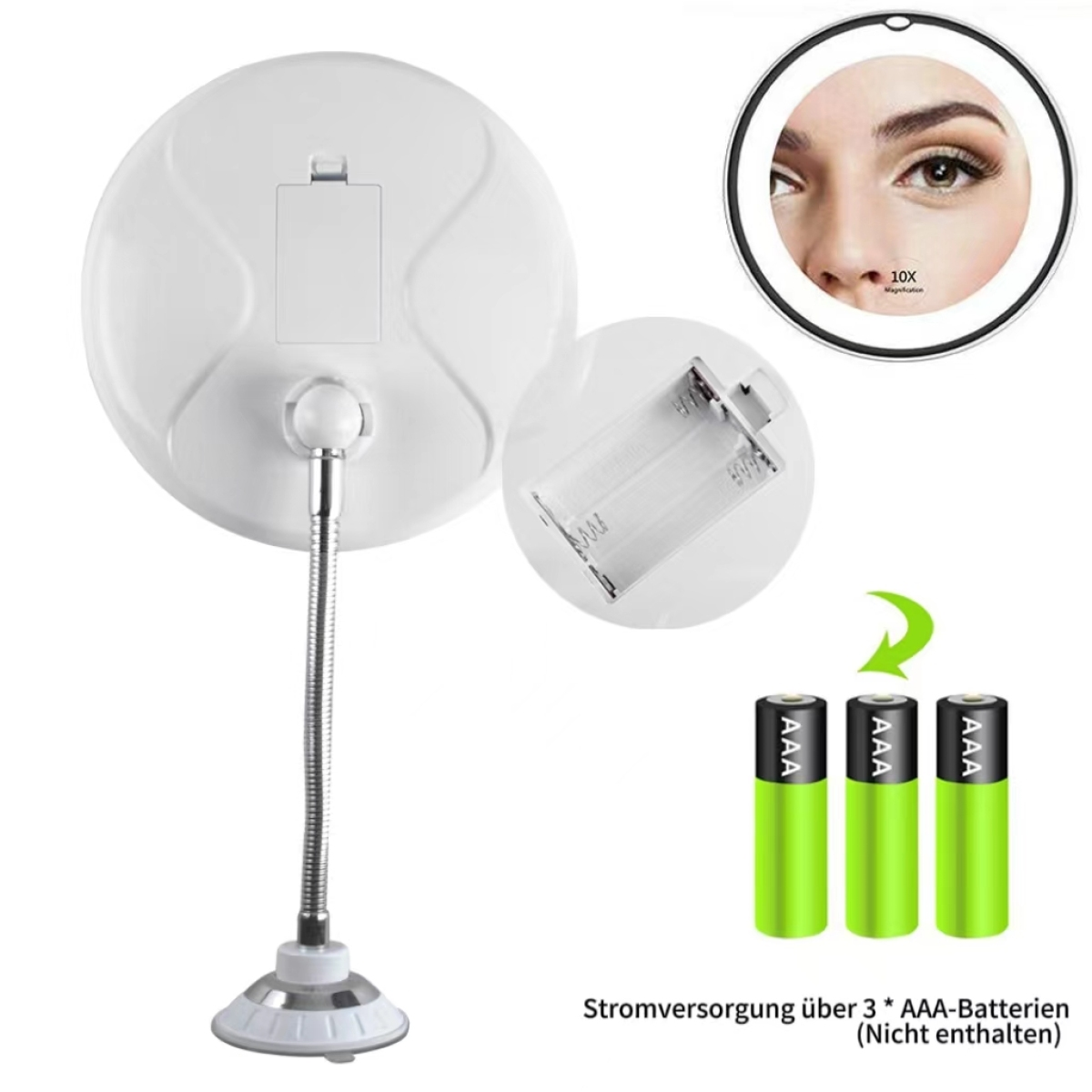 Ein weißer, runder Schminkspiegel mit Licht, einer vergrößernden Einlage und drei grünen Batterien.
