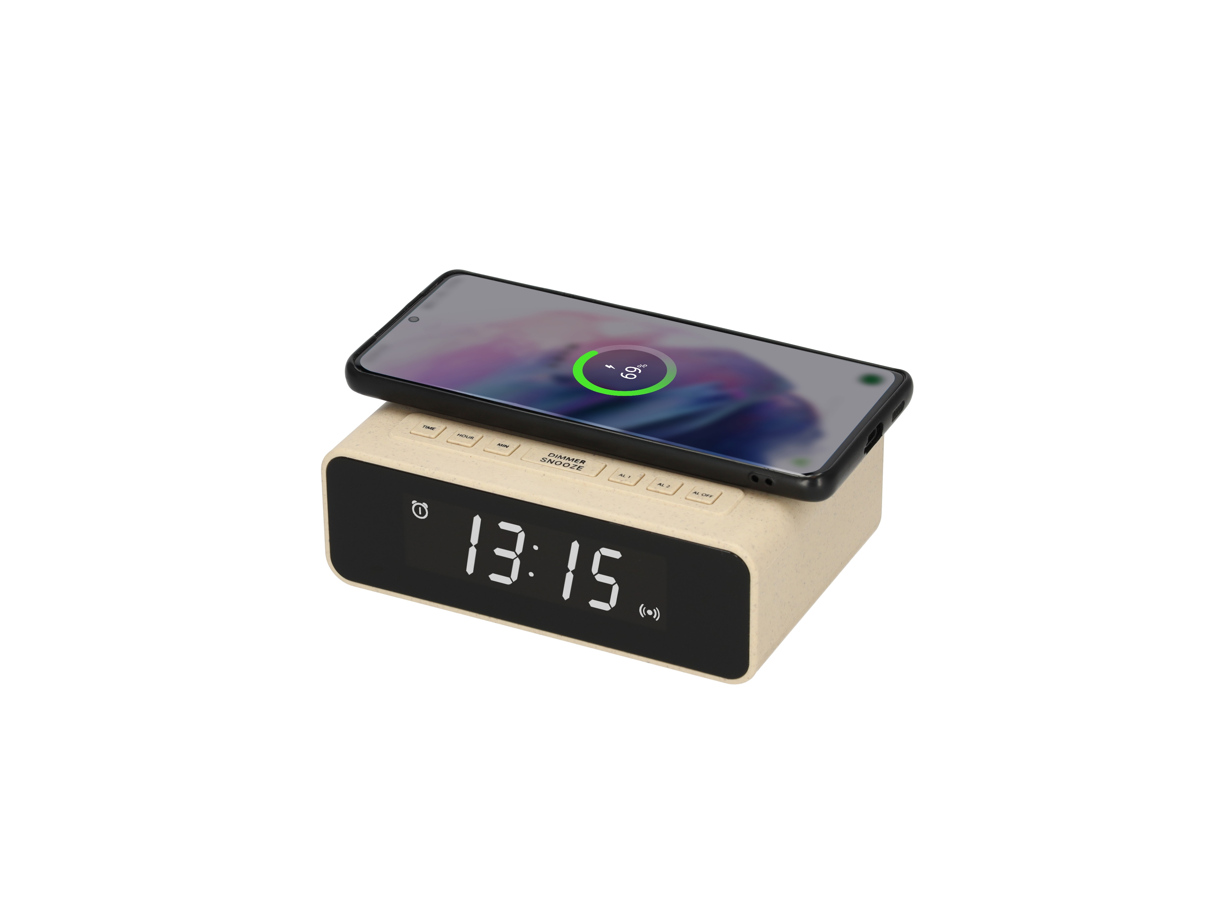 Ein beigefarbener Wecker mit einem Telefon obenauf. Die Uhr zeigt die Zeit 13:15.