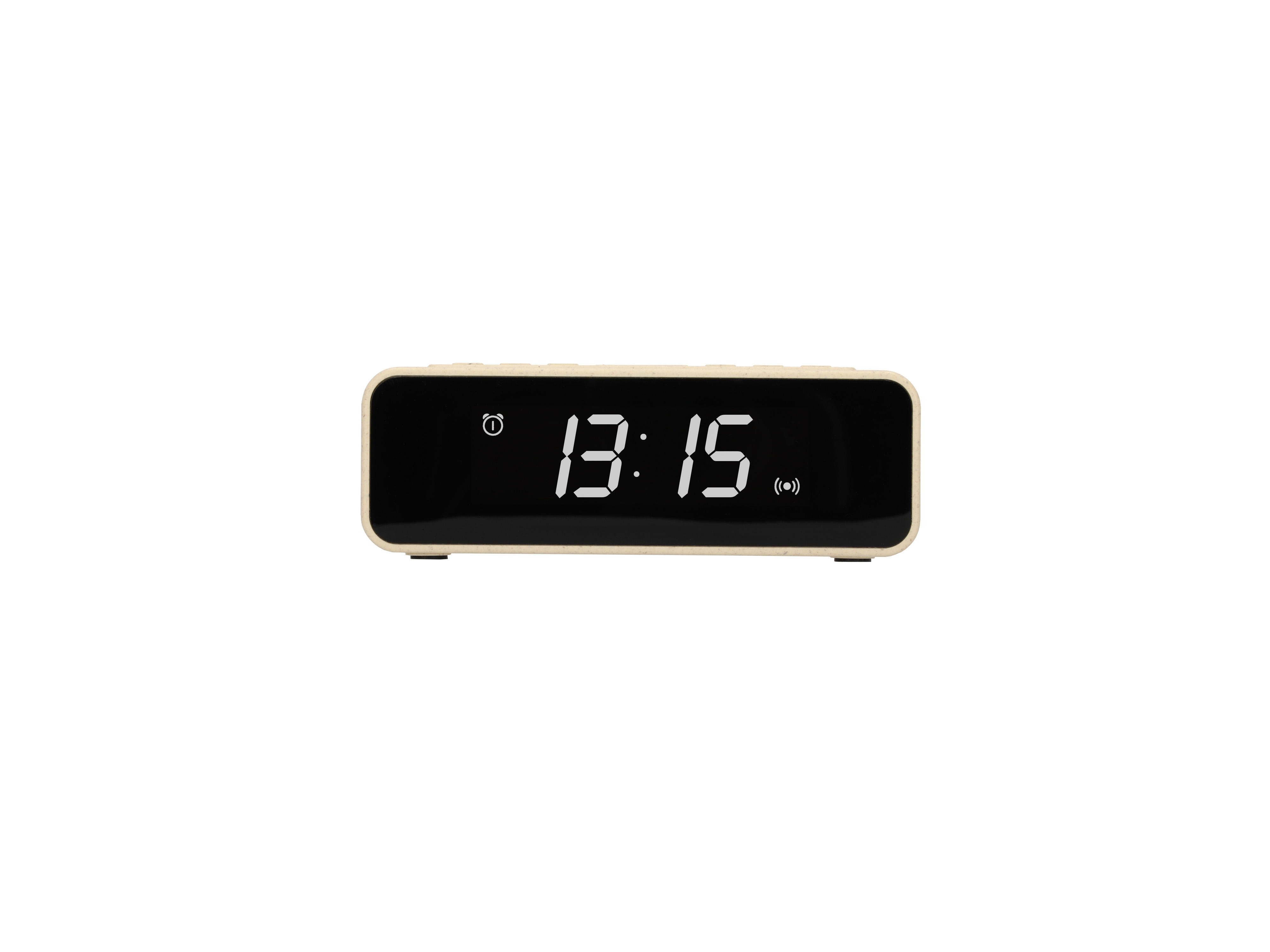Kleine, beige Digitaluhr mit der Anzeige 13:15, mit einem Alarmsymbol.