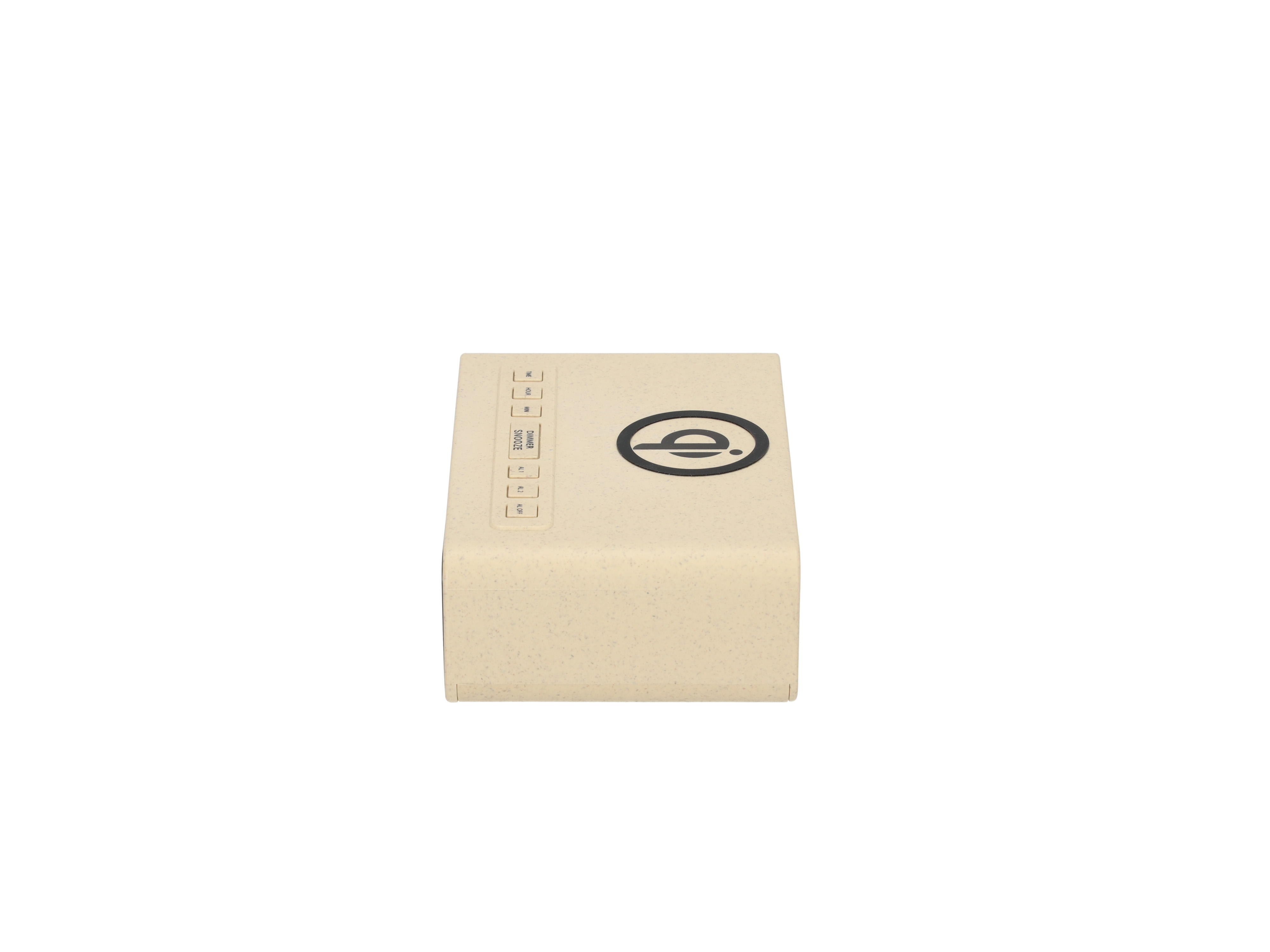 Eine beige quadratische Box mit einem schwarzen Logo oben. Der Text ist in einer vertikalen Linie auf der linken Seite geschrieben.
