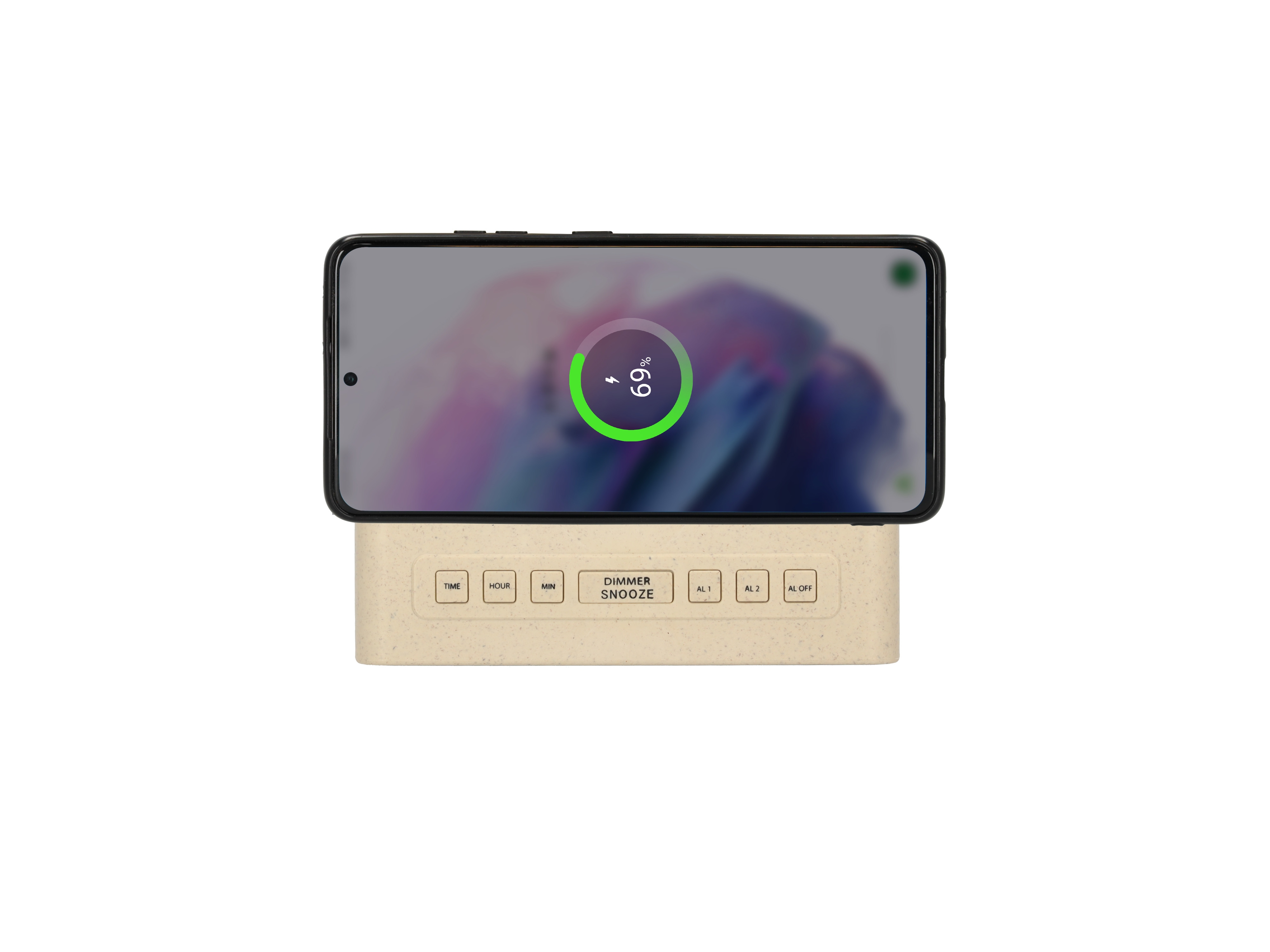 Ein Telefon, das auf einem beigen Ständer geladen wird. Der Bildschirm zeigt ein Ladesymbol.