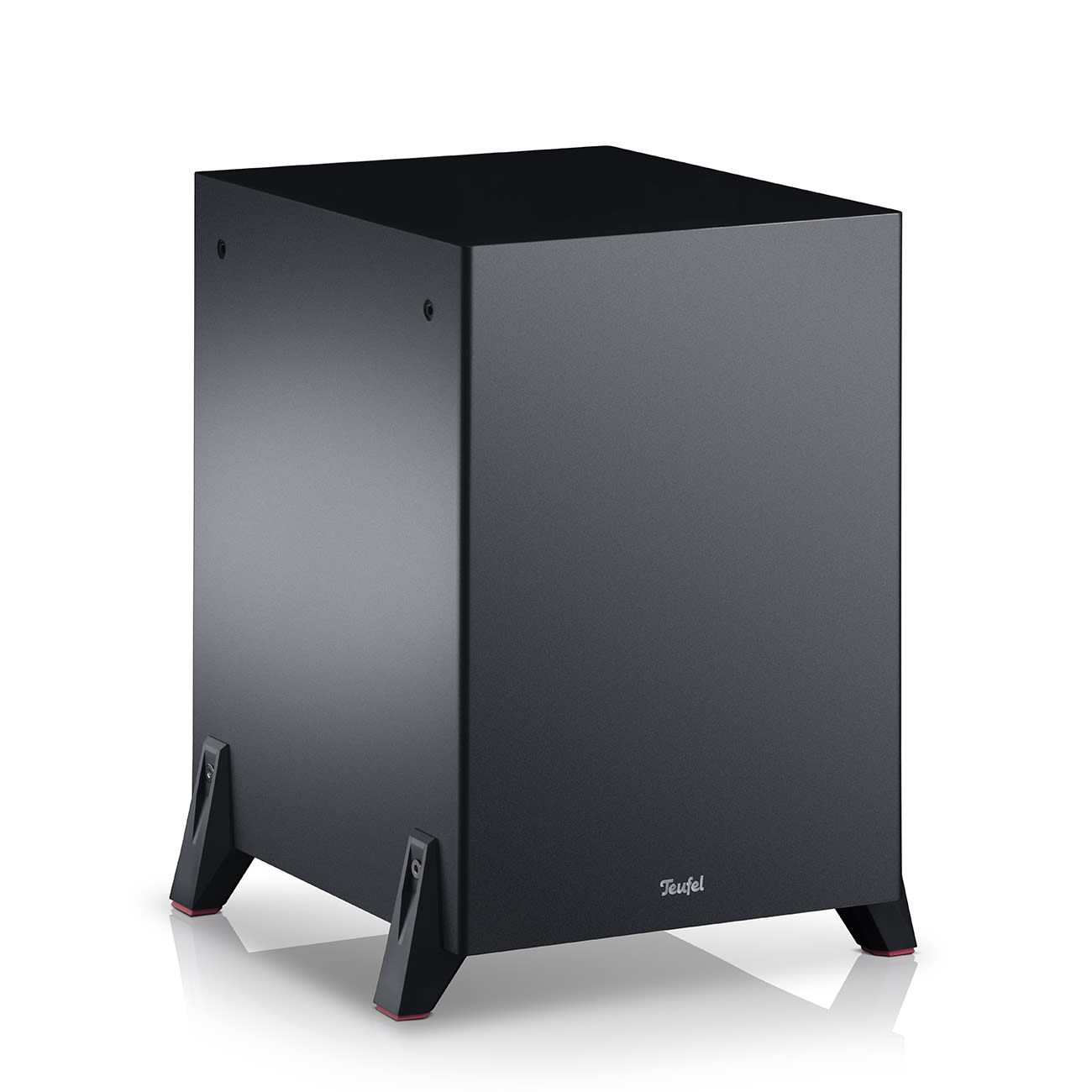 Schwarzer Subwoofer mit Teufel-Logo, auf weißem Hintergrund.