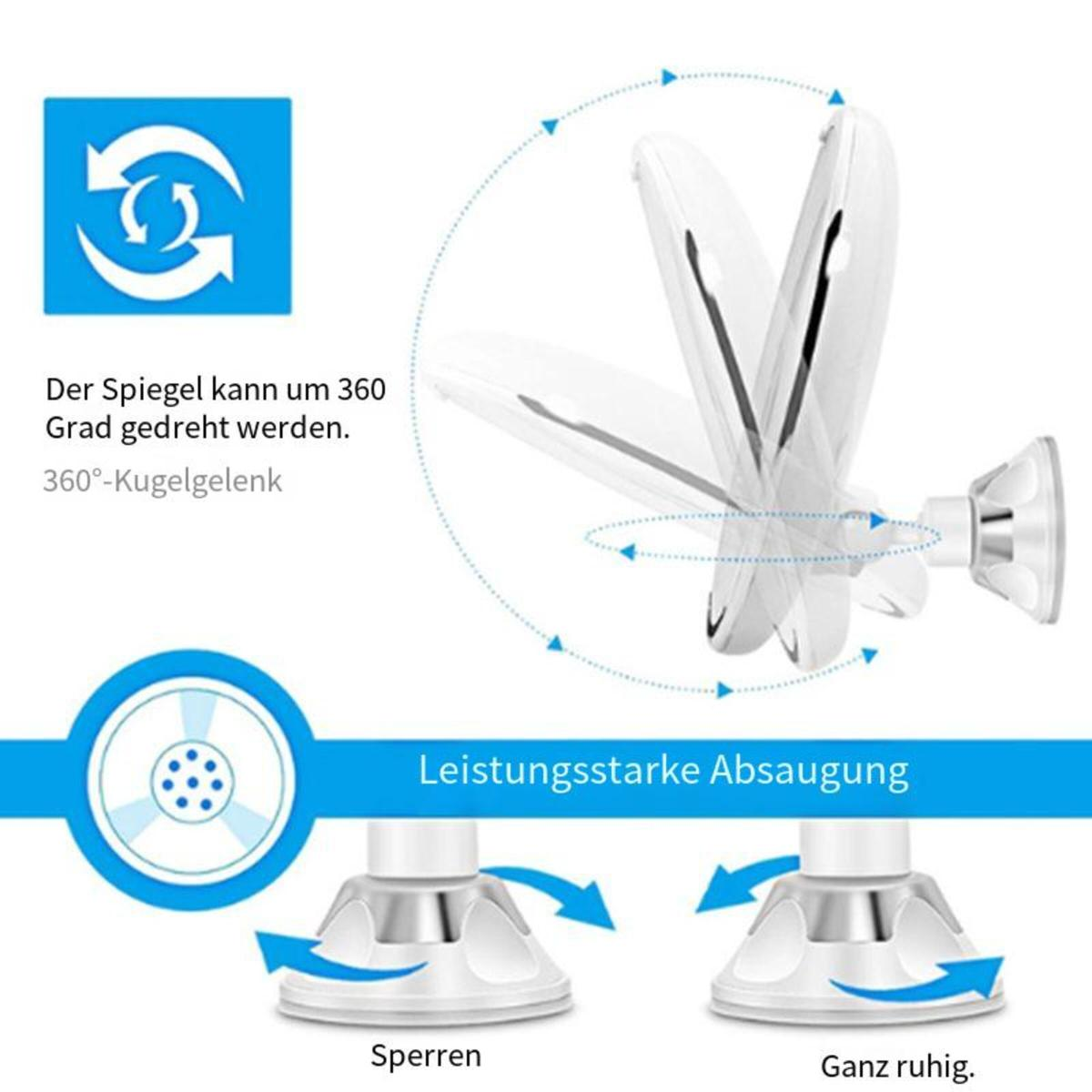 Diagramm, das einen Spiegel mit einem um 360 Grad drehbaren Kugelgelenk und Saugnapf zeigt. Pfeile zeigen Verriegelungs- und Ruhepositionen.