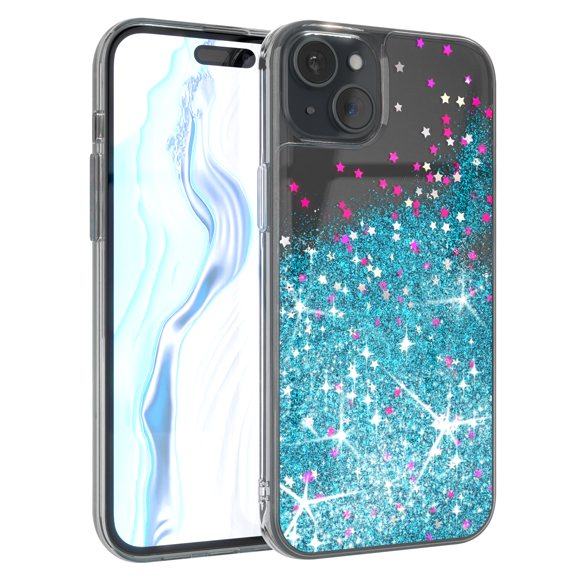 iPhone Case, Plus, EAZY Blau Liquid Backcover, CASE 15 Glittery Apple,
