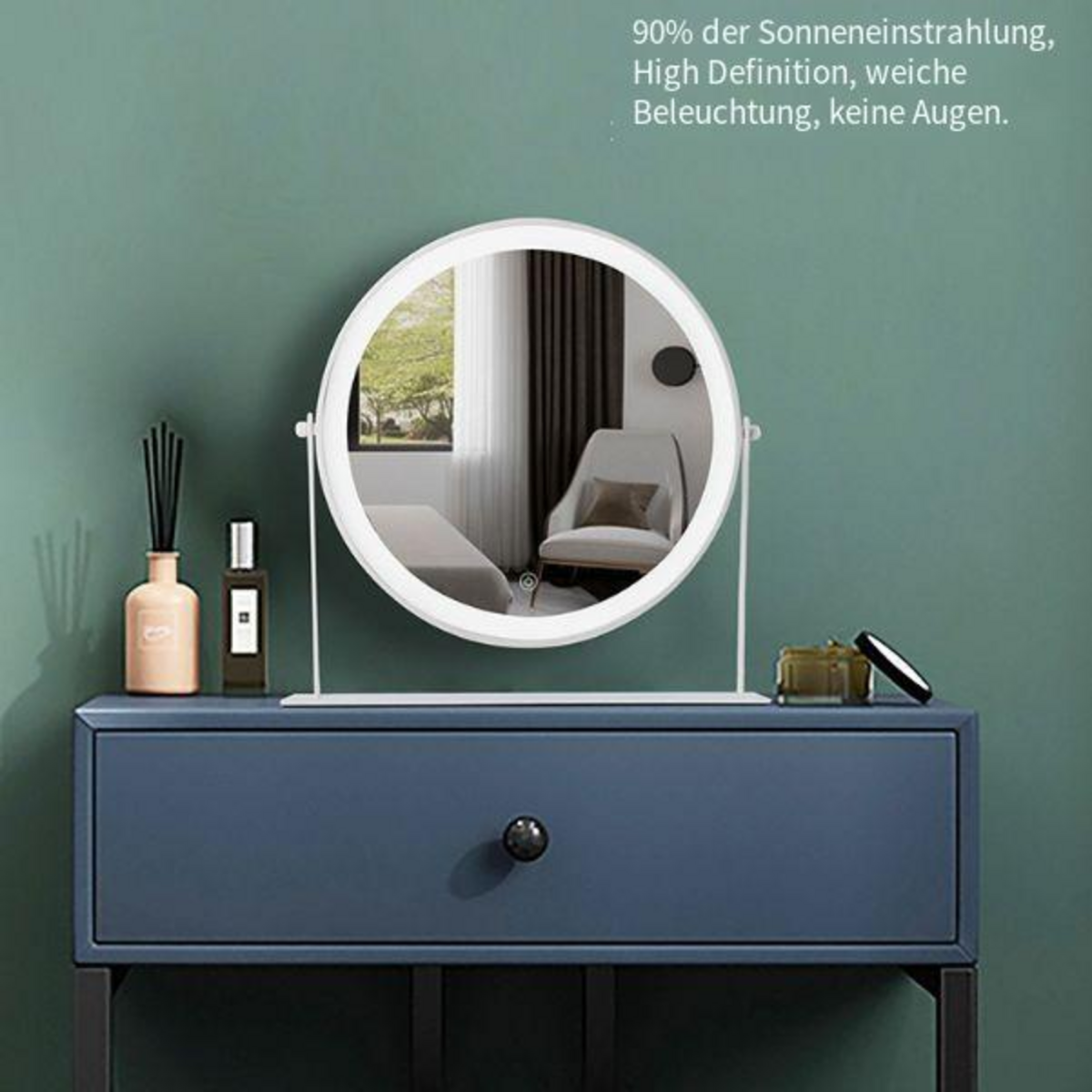 Spiegel auf blauem Tisch, mit Deko. Text: "90% Sonnenlicht, hohe Auflösung, keine Augen".