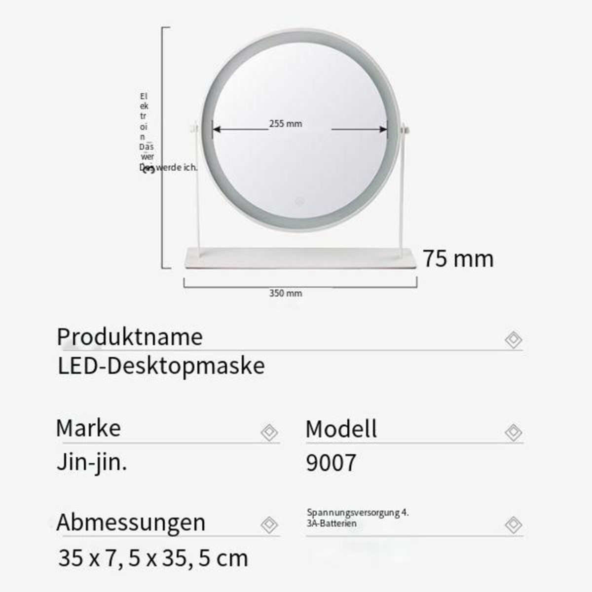 Weißer LED-Schreibtischspiegel mit Text und Abmessungen. Der Spiegel ist rund. Die Basis ist weiß.