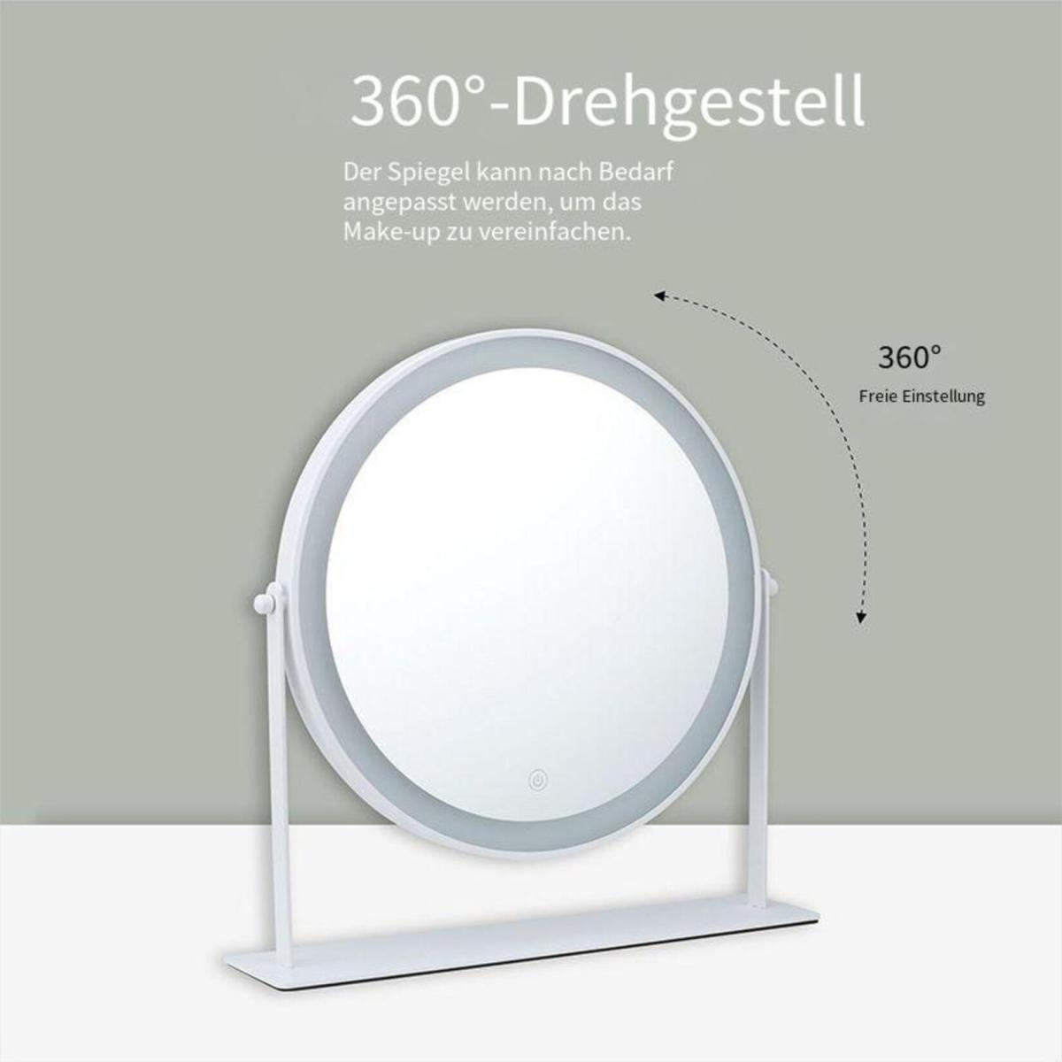 Weißer beleuchteter Schminkspiegel mit Ständer, weißer Hintergrund. Spiegel dreht sich 360 Grad.