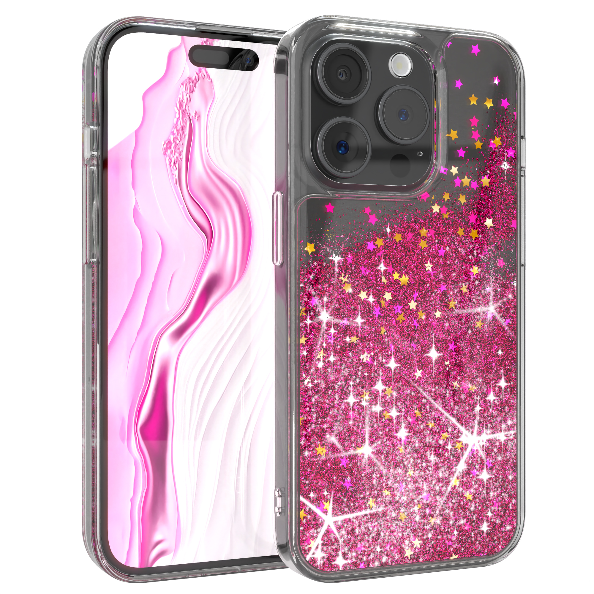Handyhülle mit Glitzerdesign, zeigt ein Telefon in einer transparenten Schutzhülle.