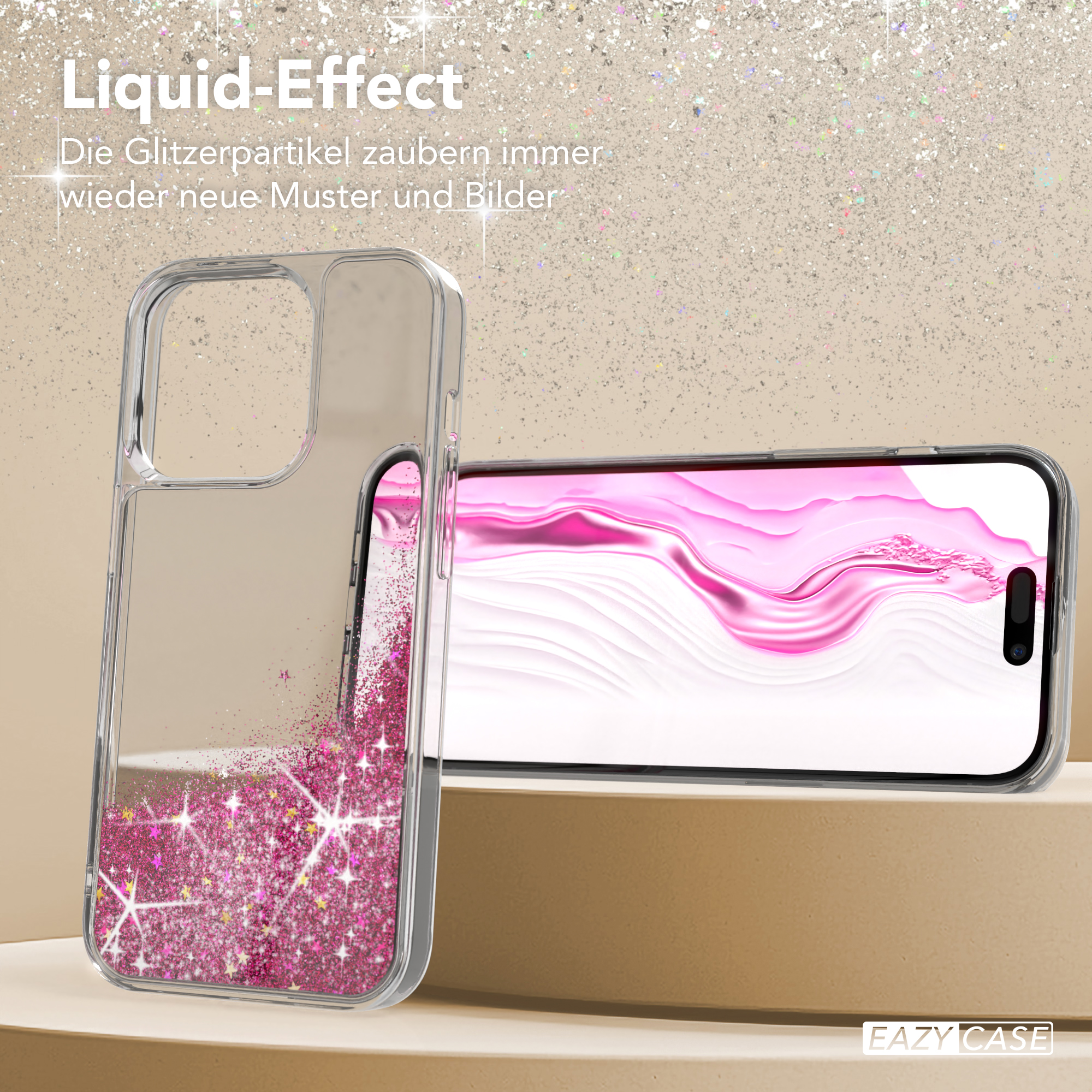 Transparente Handyhülle mit pinkfarbener Glitzerflüssigkeit. Telefon zeigt rosa und weiß.