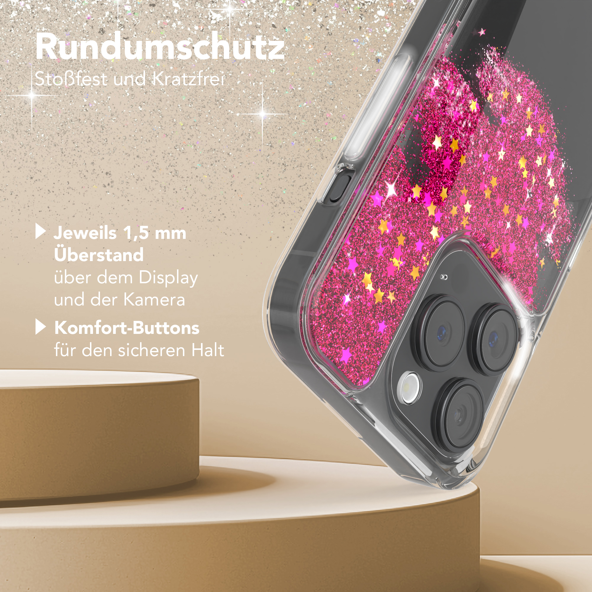 Handyhülle mit rosa Glitzersternen. Klare Rückseite mit Stoßfänger. Ein Telefon ist drin.