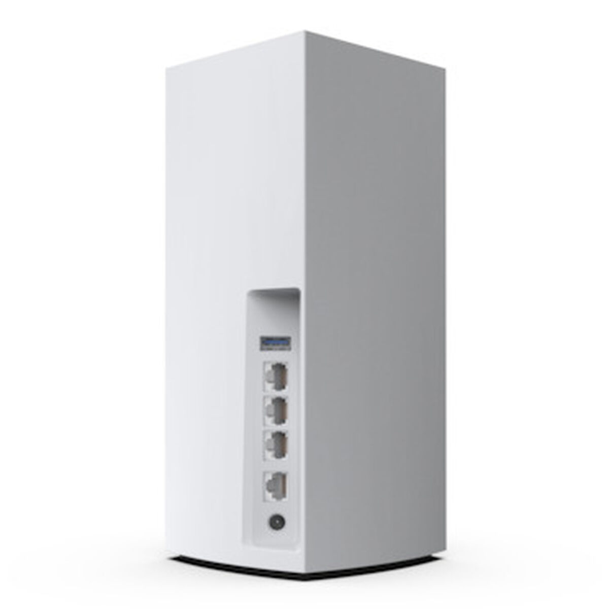 Dispositivo rectangular blanco con puertos en la parte trasera. Tiene un diseño minimalista.