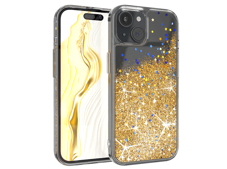 iPhone CASE EAZY Apple, 15, Case, Gold Glittery Liquid Backcover,