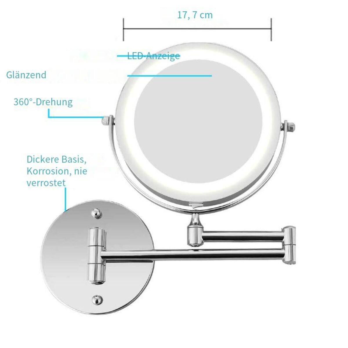 Vergrößerungsspiegel mit LED-Licht und verstellbarem Arm. Glänzender silberner Sockel.