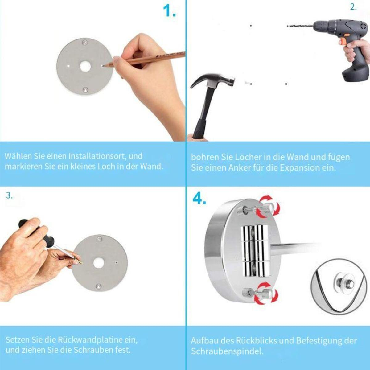 Anleitung zur Installation eines Geräts mit Bleistift, Hammer, Bohrer und Schraubendreher.