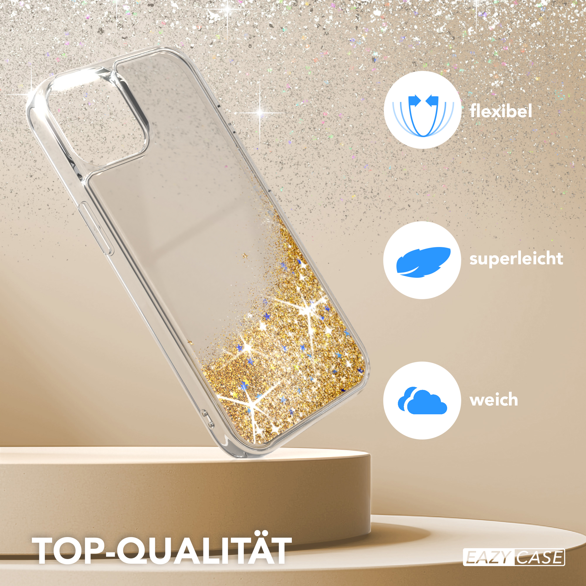 Transparente Handyhülle mit Goldglitter und drei Icons, die Funktionen beschreiben.
