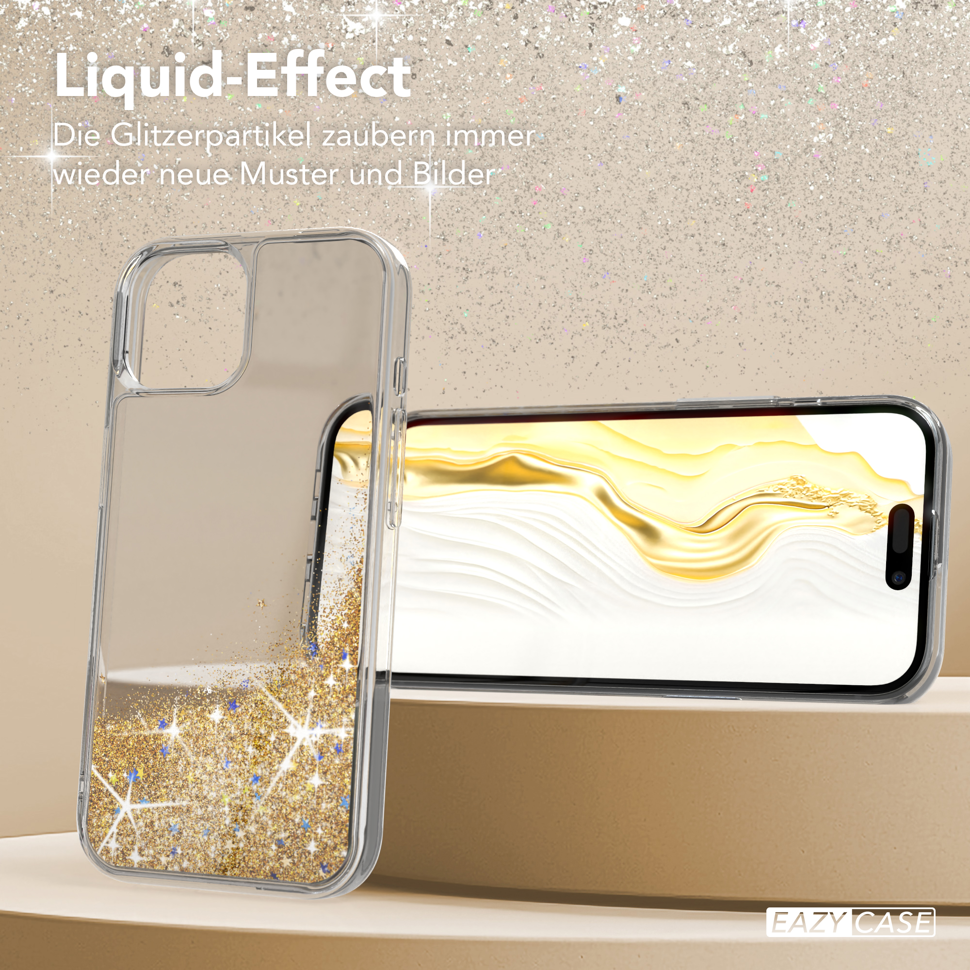 Handyhülle mit Flüssigkeitsglitzereffekt, goldener Glitzer.