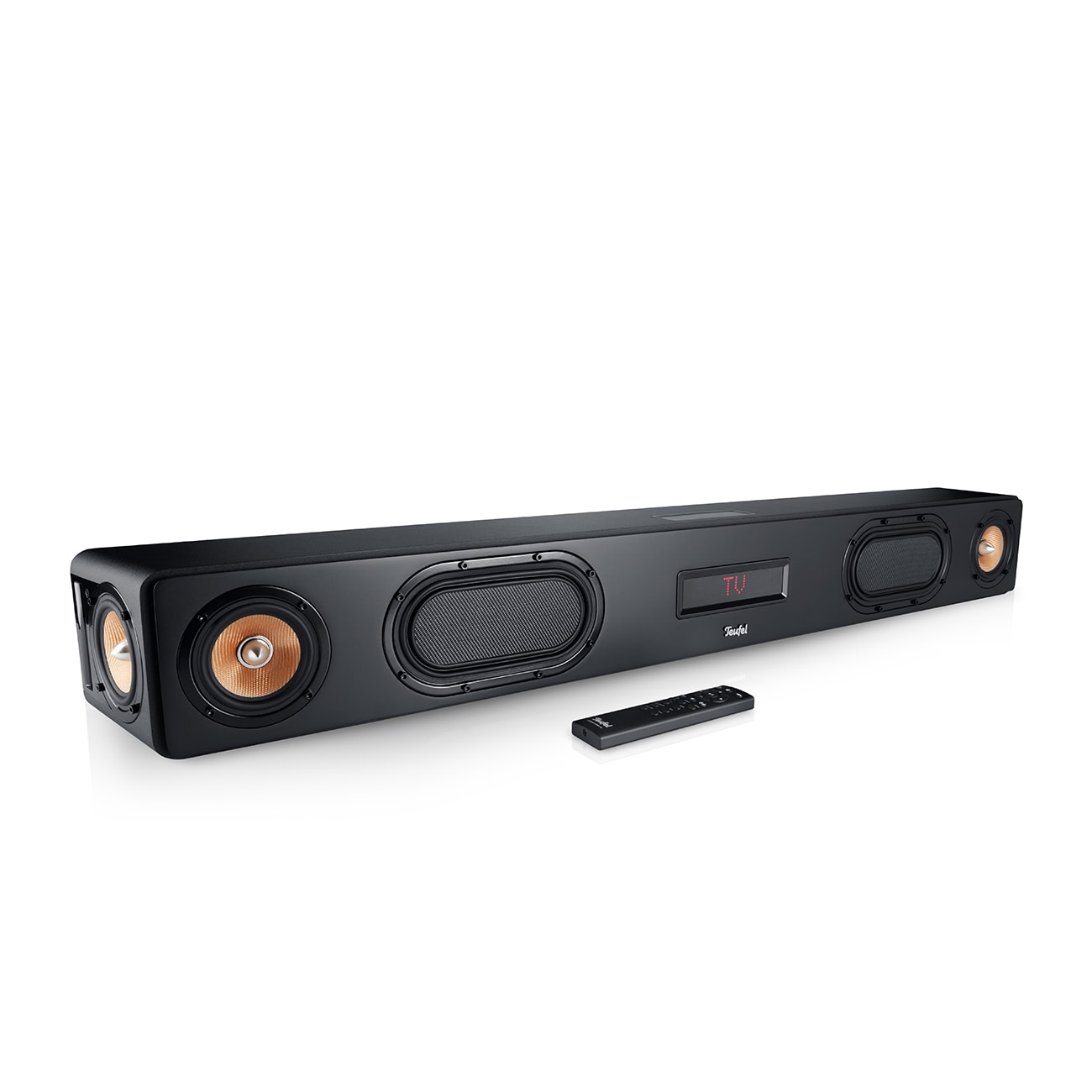 Schwarze Soundbar mit Fernbedienung, mit Lautsprechern und einem Bildschirm mit TV-Symbol.